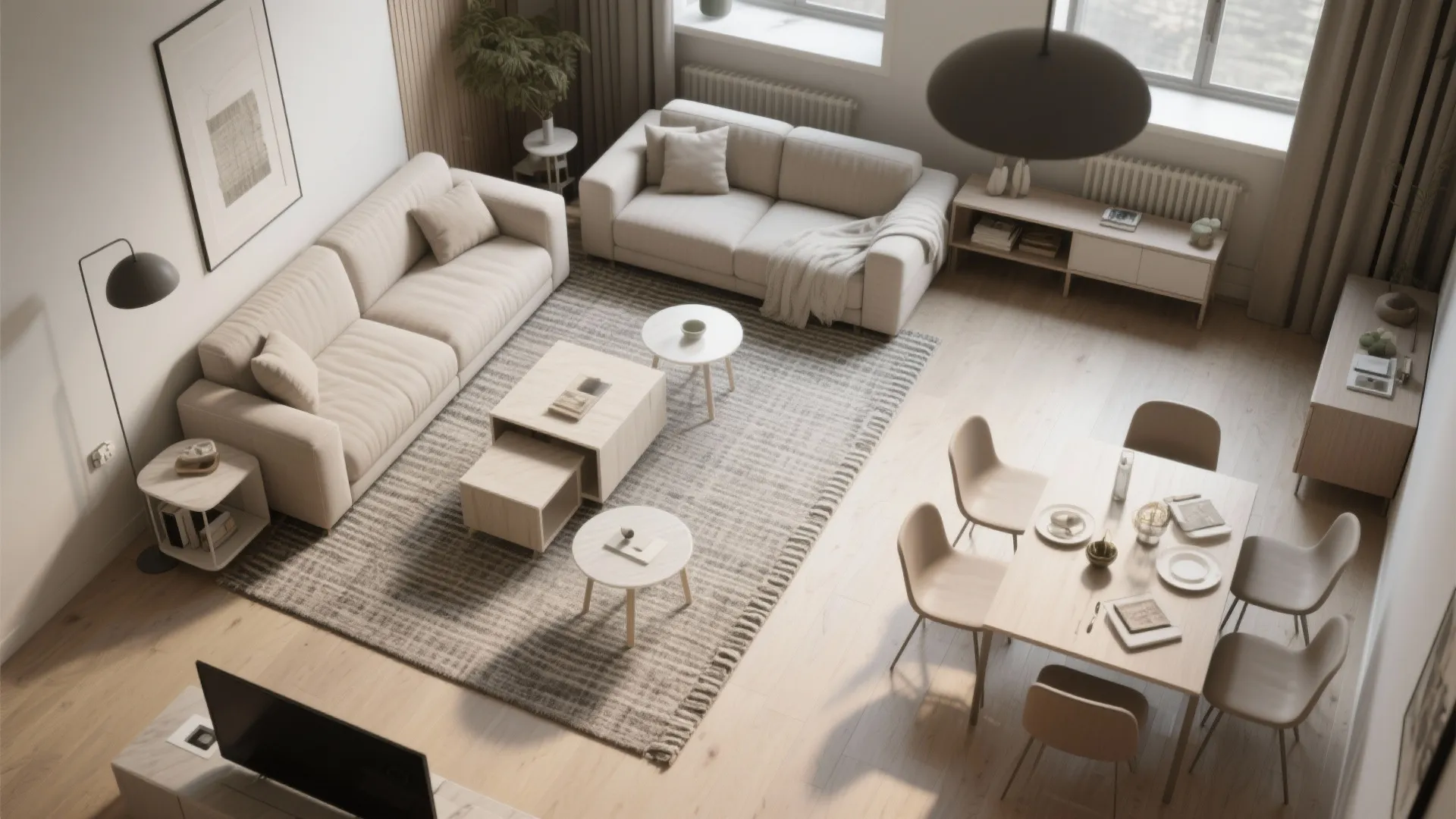 Top down room layout showing beige sofas wooden dining table rug and large black ceiling light