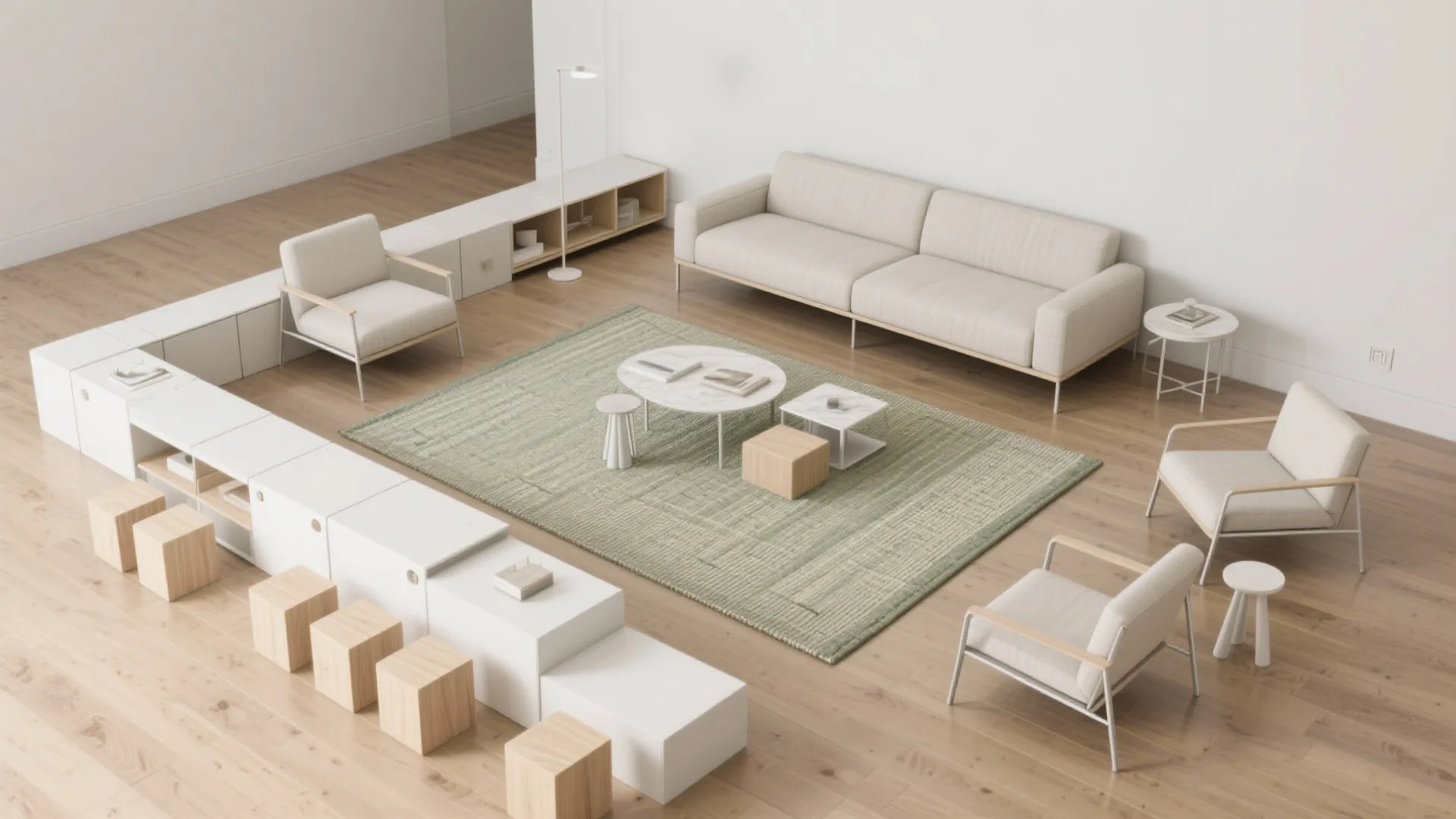 Minimalist living room with beige sofa armchairs green rug white storage cabinets light wood floors