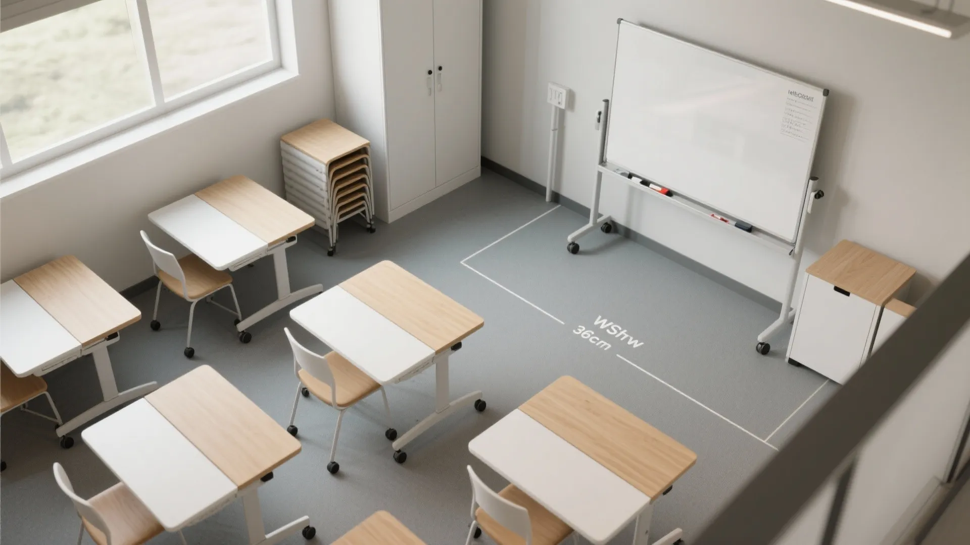 Modern classroom layout with desks, chairs, whiteboard, white cabinet, and bright natural light from windows