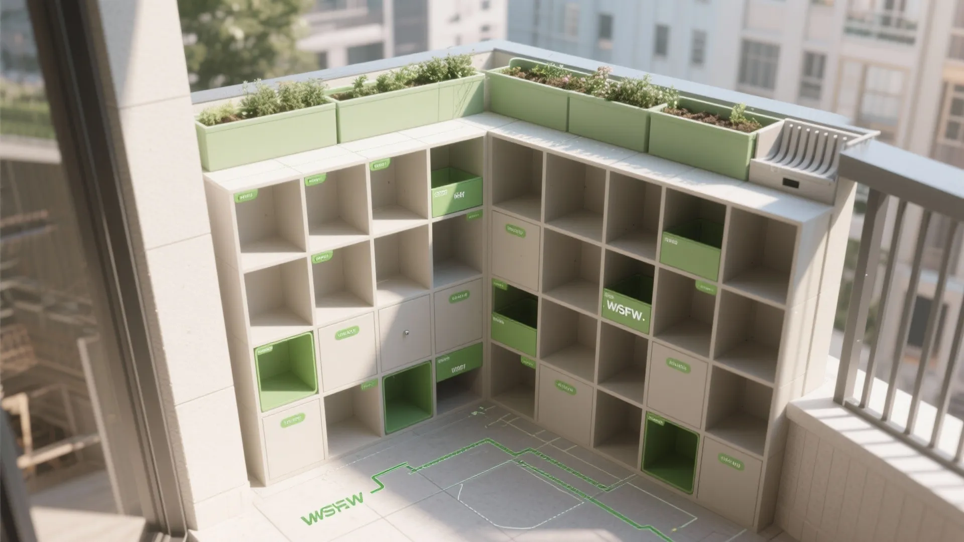 Top-down view of modular grid cabinet plan with planter rail and drainage details.