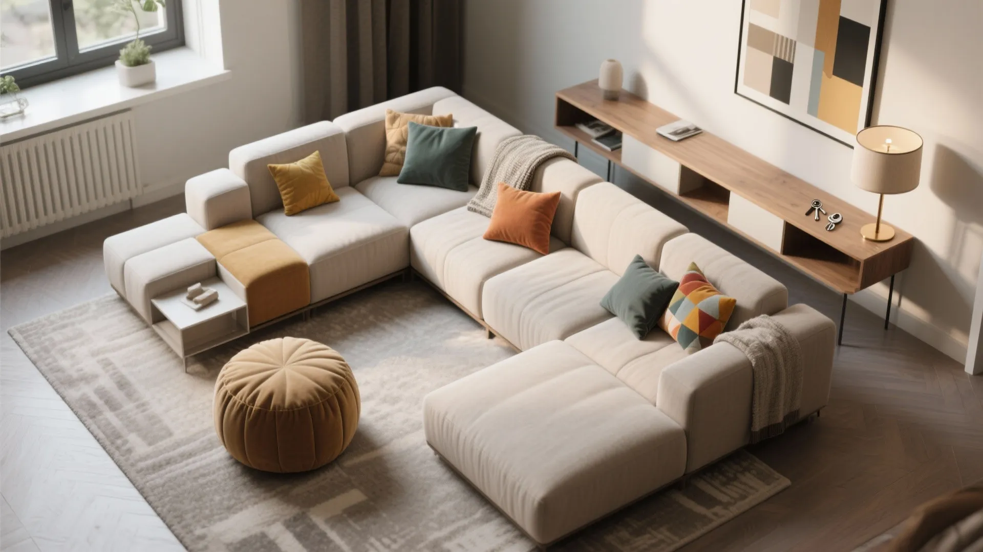 3. Modular Sofa + Pouf + Slim Console Table