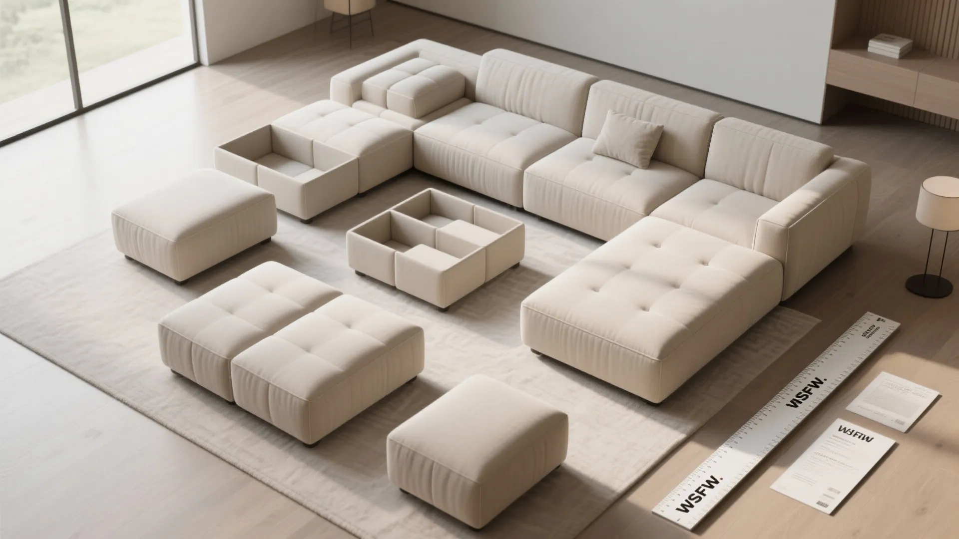 Interior design drawing of modular beige sofa pieces arranged on rug with small floor lamp