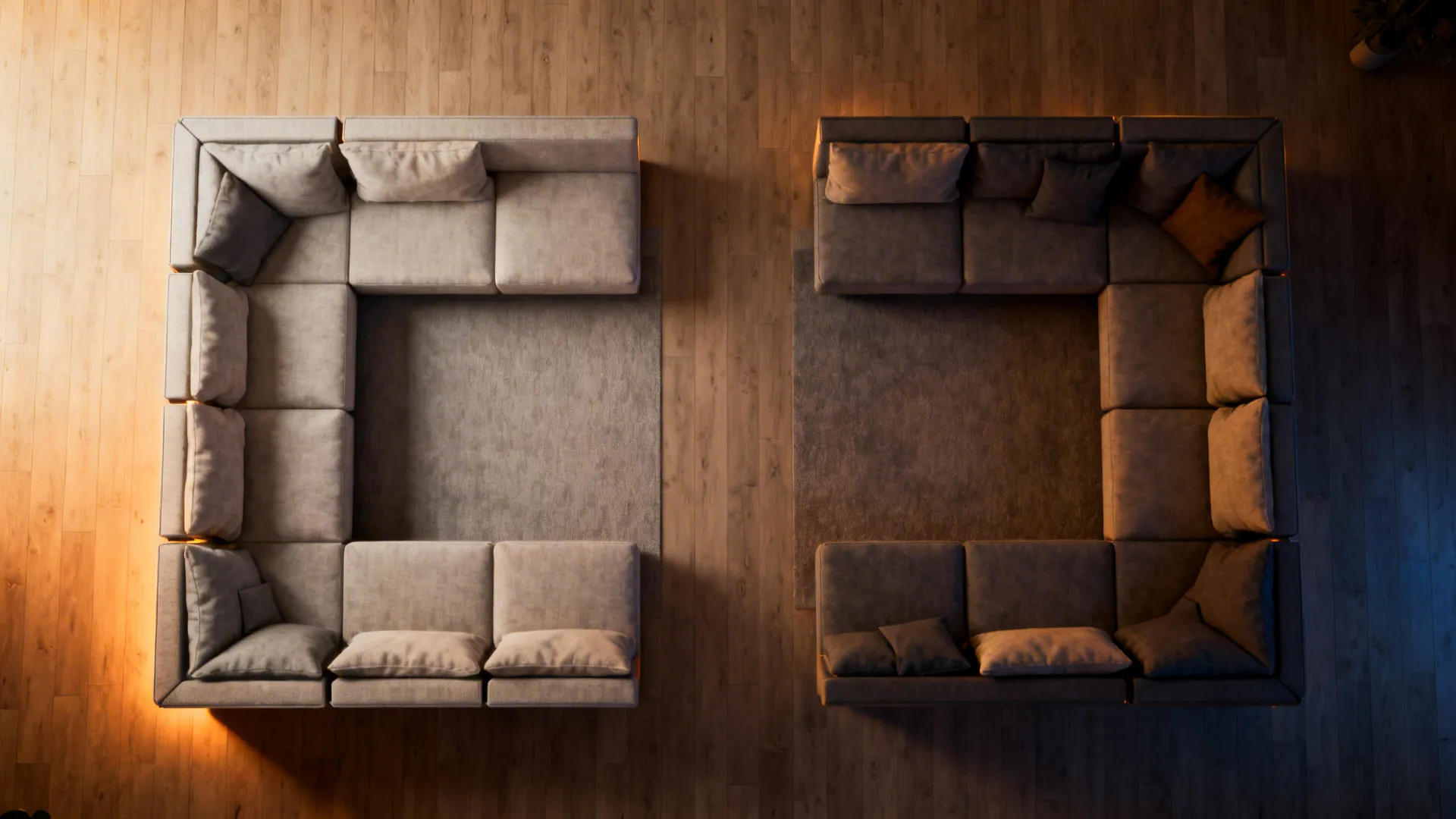 Top-down comparison of modular seating reconfigured for day and evening layouts in a small living room.