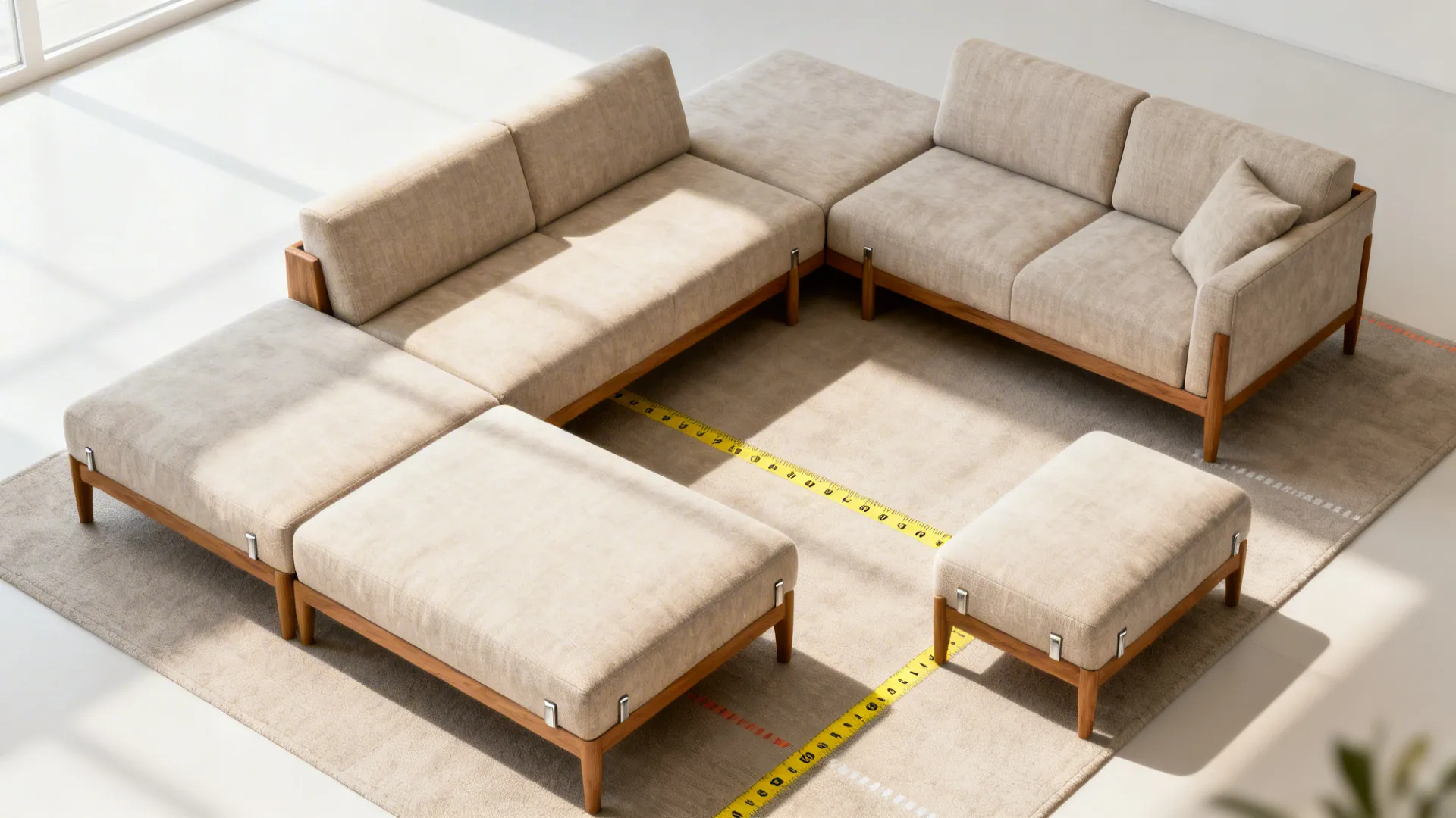 Modular beige sofa with two footrests on a rug showing room dimensions with yellow tape
