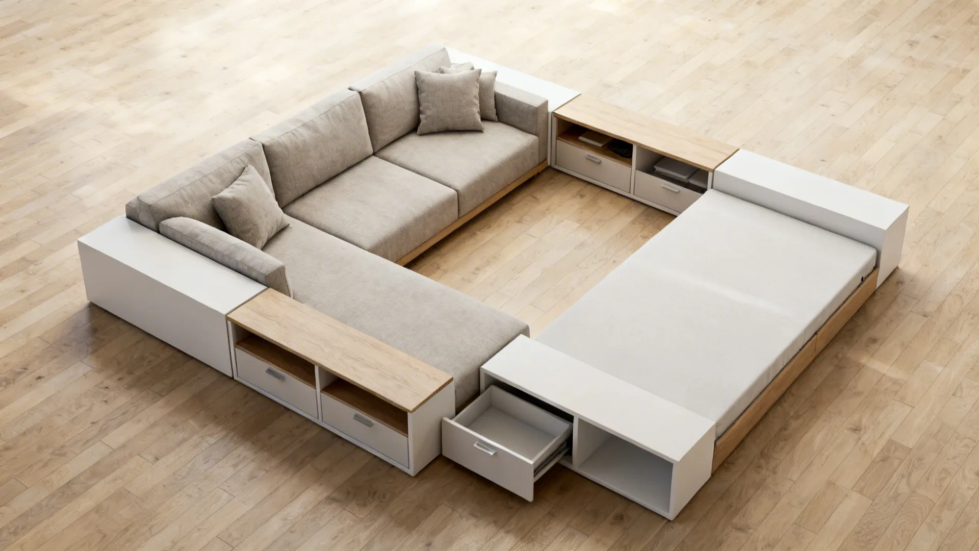 Top-down layout of armless modular sofa configurations in a small living room.