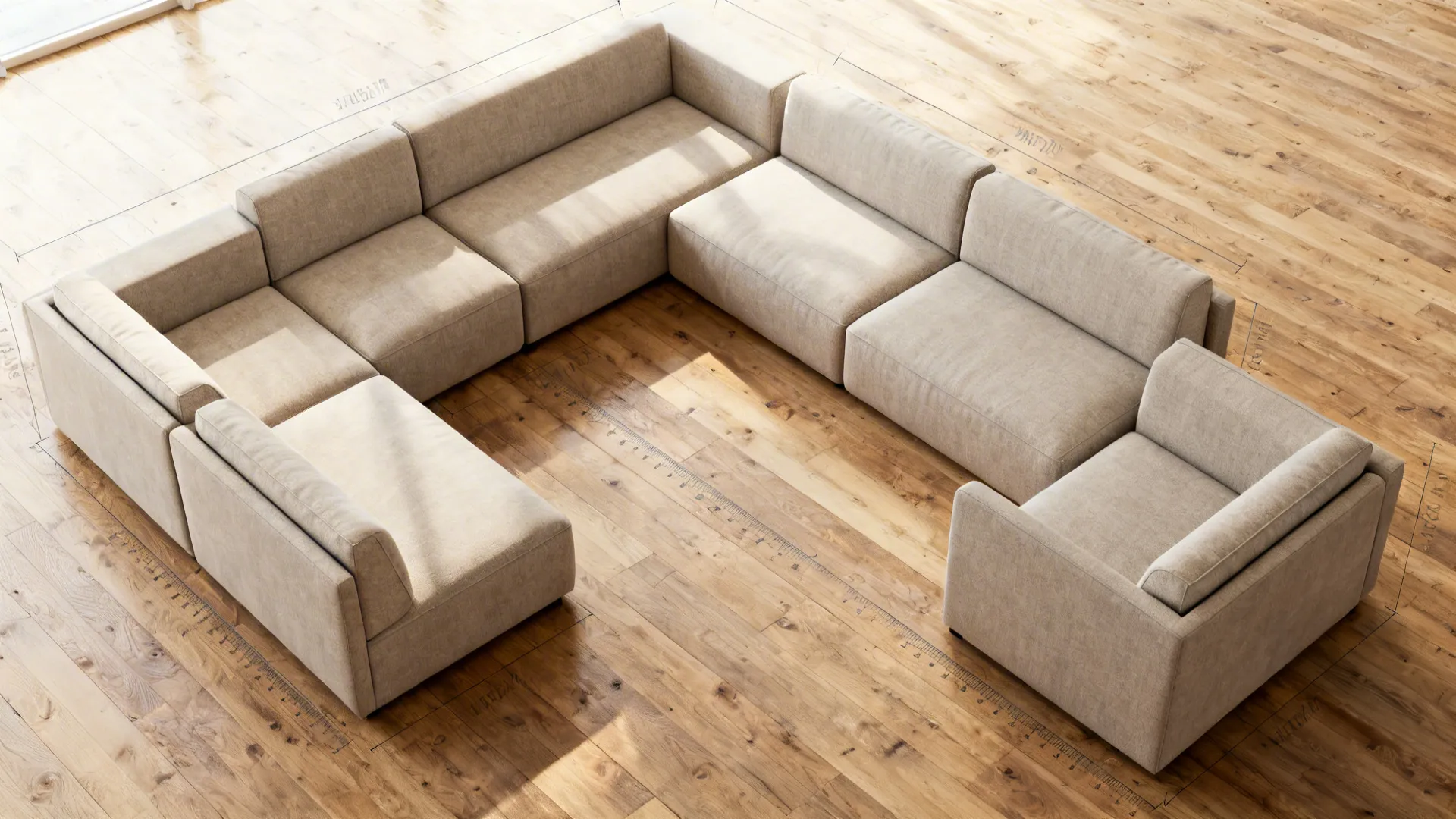 Top-down visualization of modular sofa sections arranged in multiple layouts for a small living room.