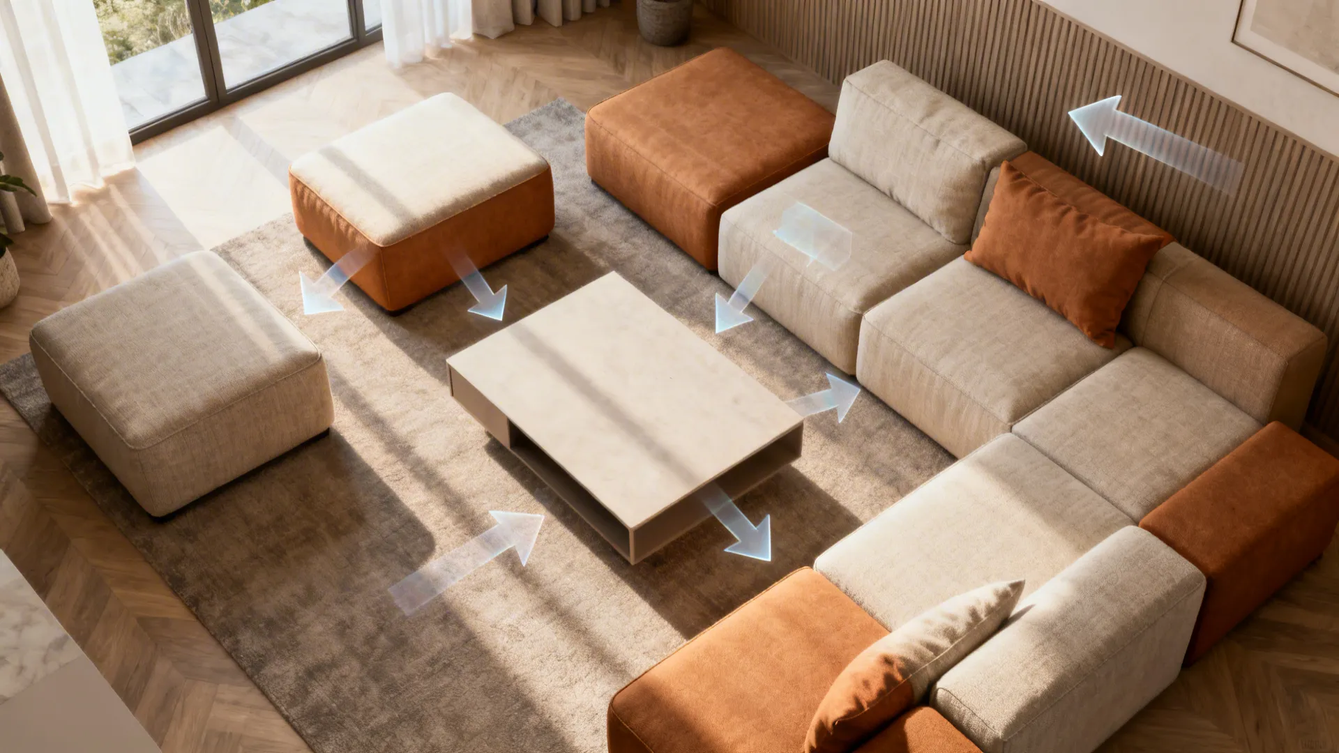 Top-down view of modular sofa and ottoman reconfiguration options in a compact living room.