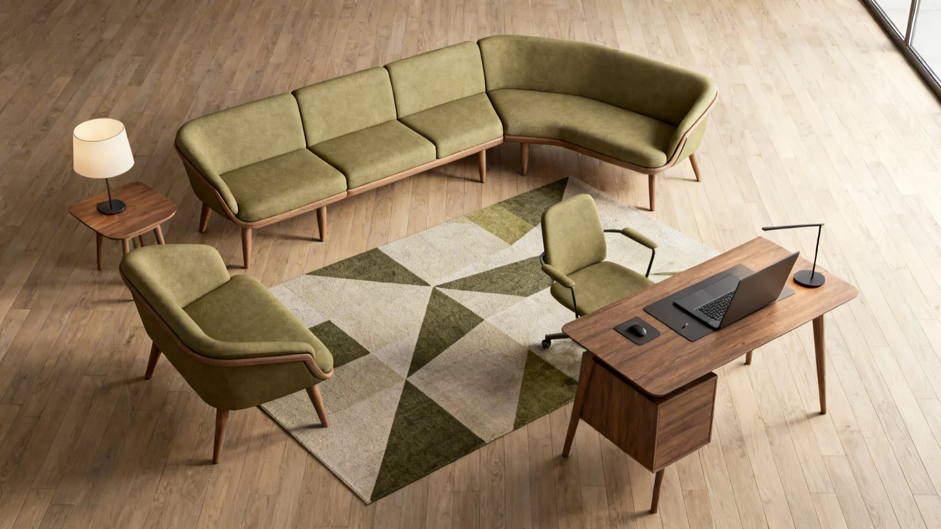 Top-down view of modular mid-century seating arranged for multiple uses in a compact living room.