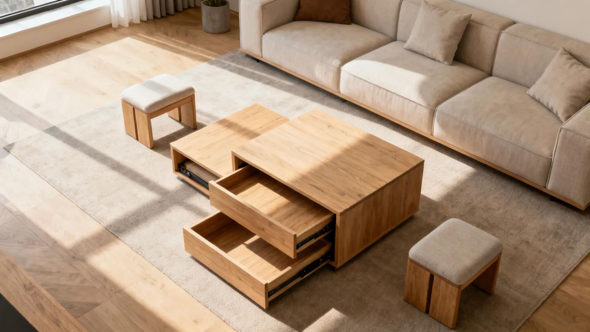 Modular wood coffee table with open drawers, beige sofa, and small stools in bright room