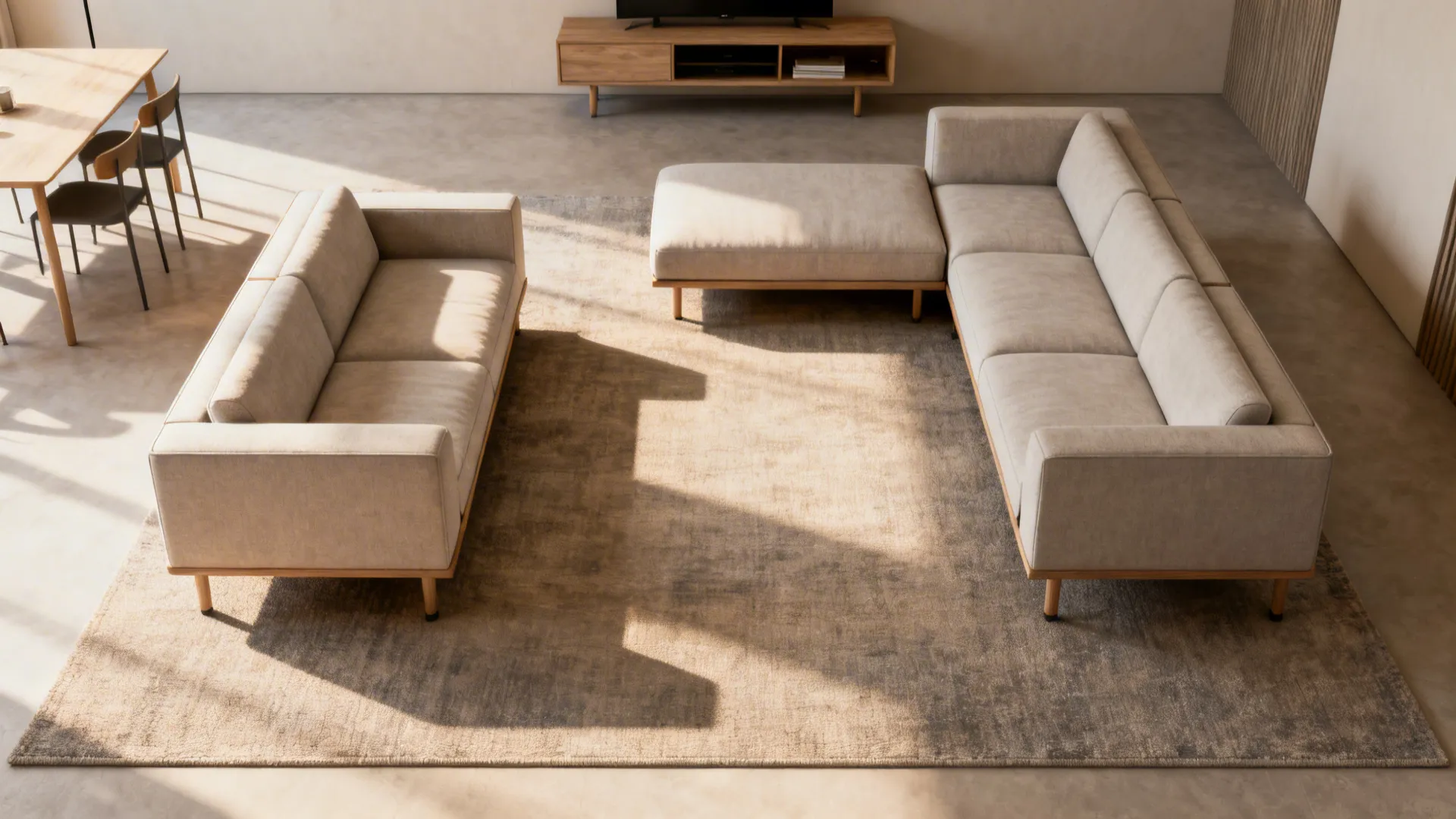 Top-down view comparing modular sectional configurations in a small living room, chaise and U-shape layouts