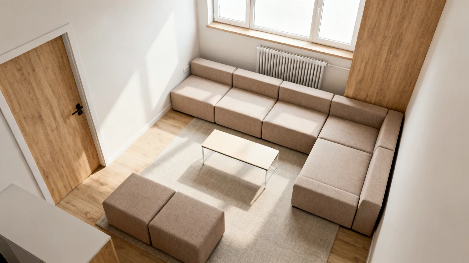 Top-down plan of a modular sectional with clear walkways and reversible chaise.