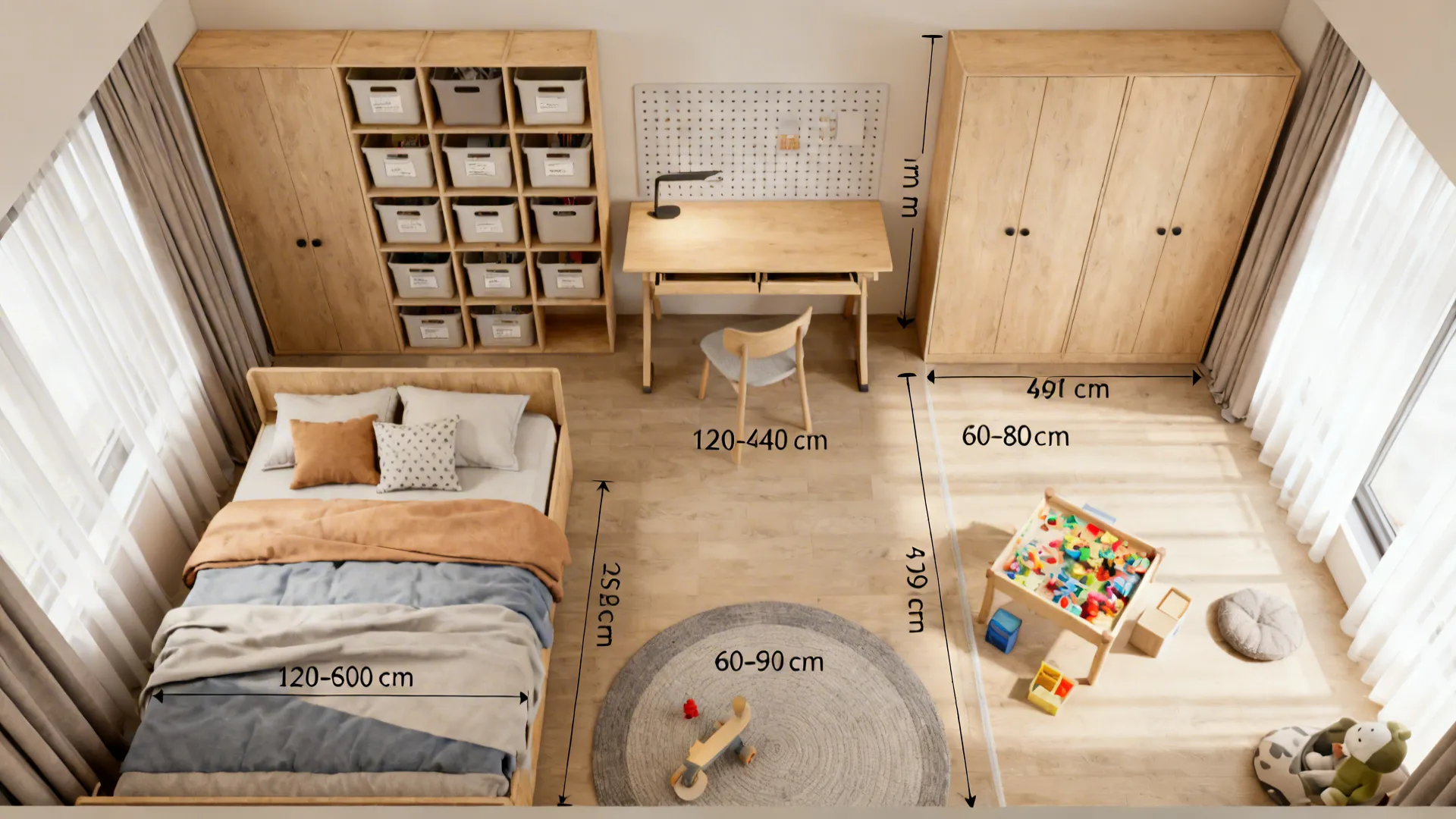 Top-down view of a small kids room with sleep, study, and play zones and modular storage.