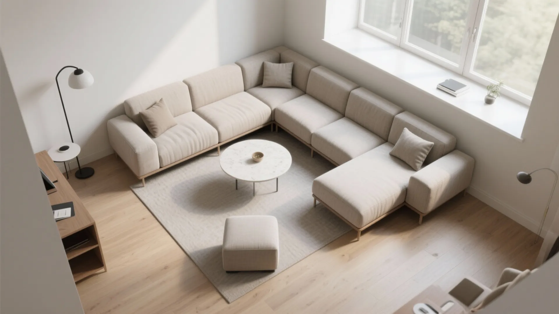 Top-down view of modular sofa shifting between L and U layouts with clear circulation.