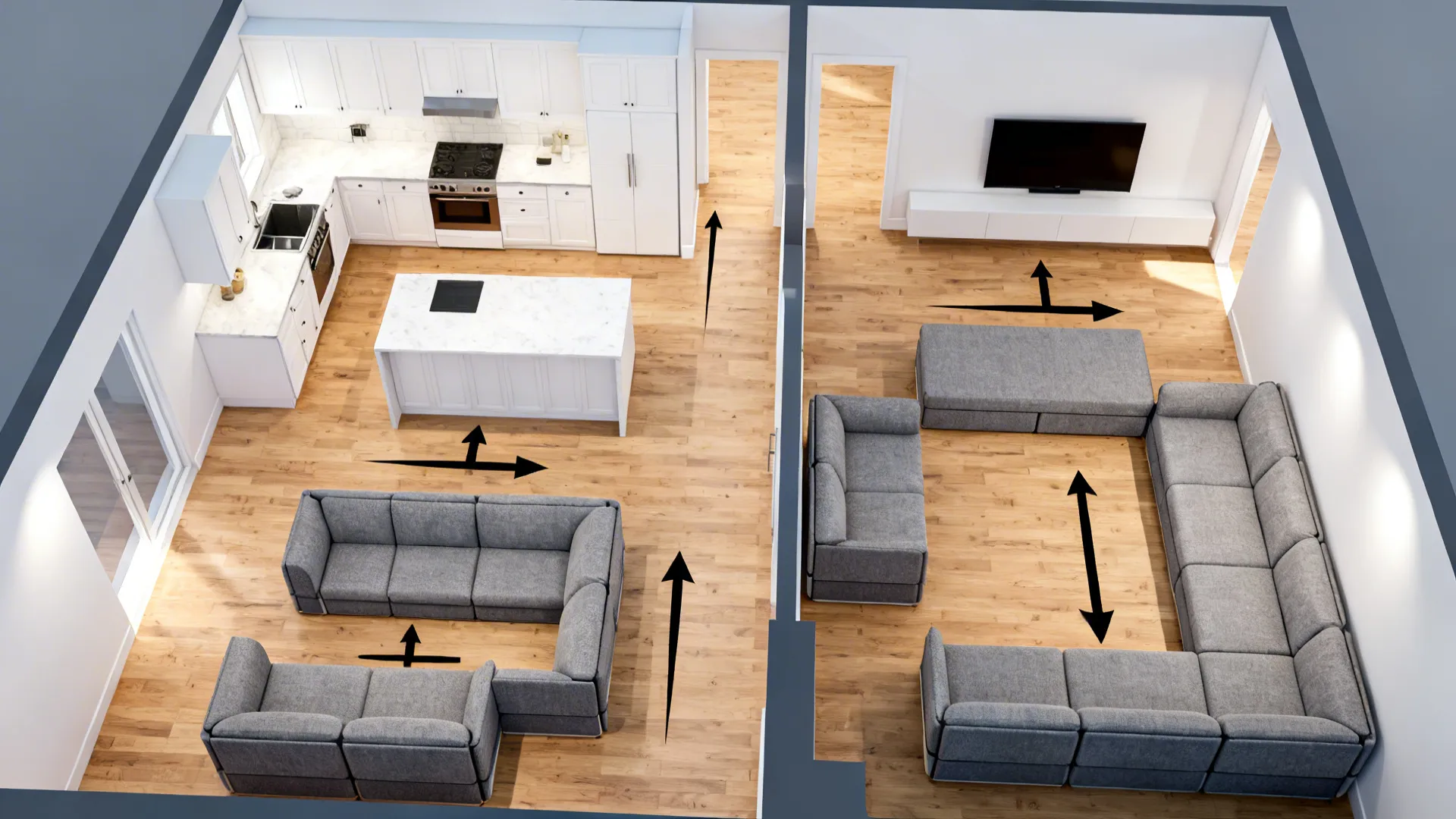 Top-down layout showing modular sofa configurations and widened kitchen aisle.