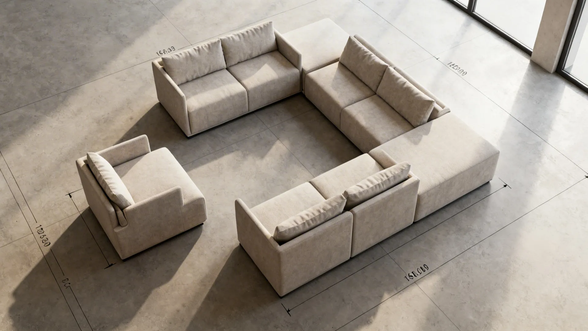 Top-down layout of modular sofa pieces arranged in multiple configurations showing flexibility and clearances.