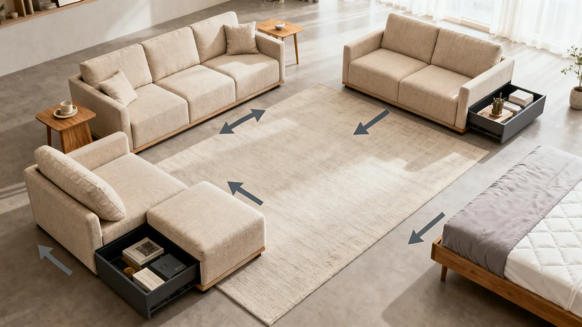 Top-down views showing a loveseat and storage ottoman reconfigured for seating, chaise, and sleeping.