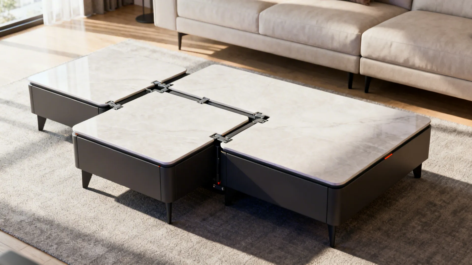 Modular coffee tables shown separated and clicked together to illustrate transforming configurations