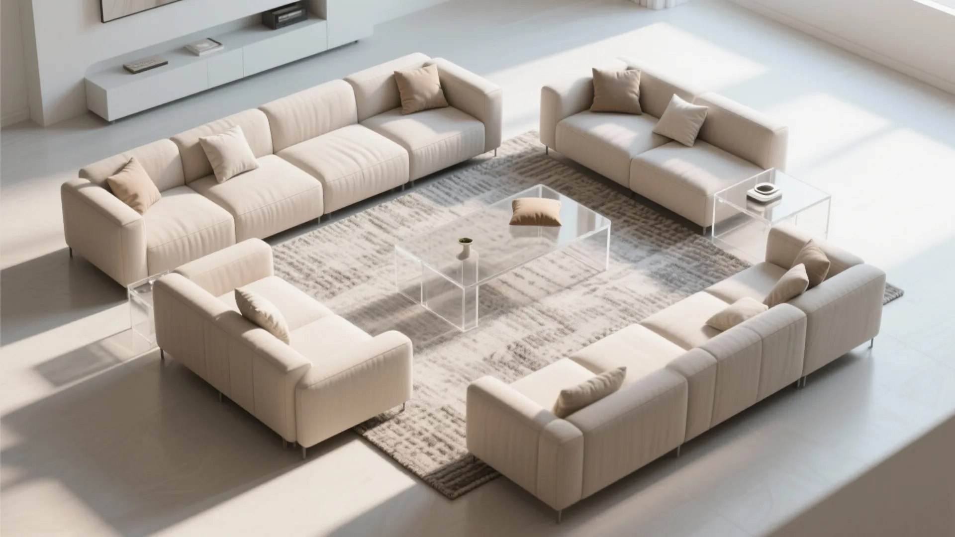 Modern minimal living room interior design drawing with cream sofas and a glass coffee table