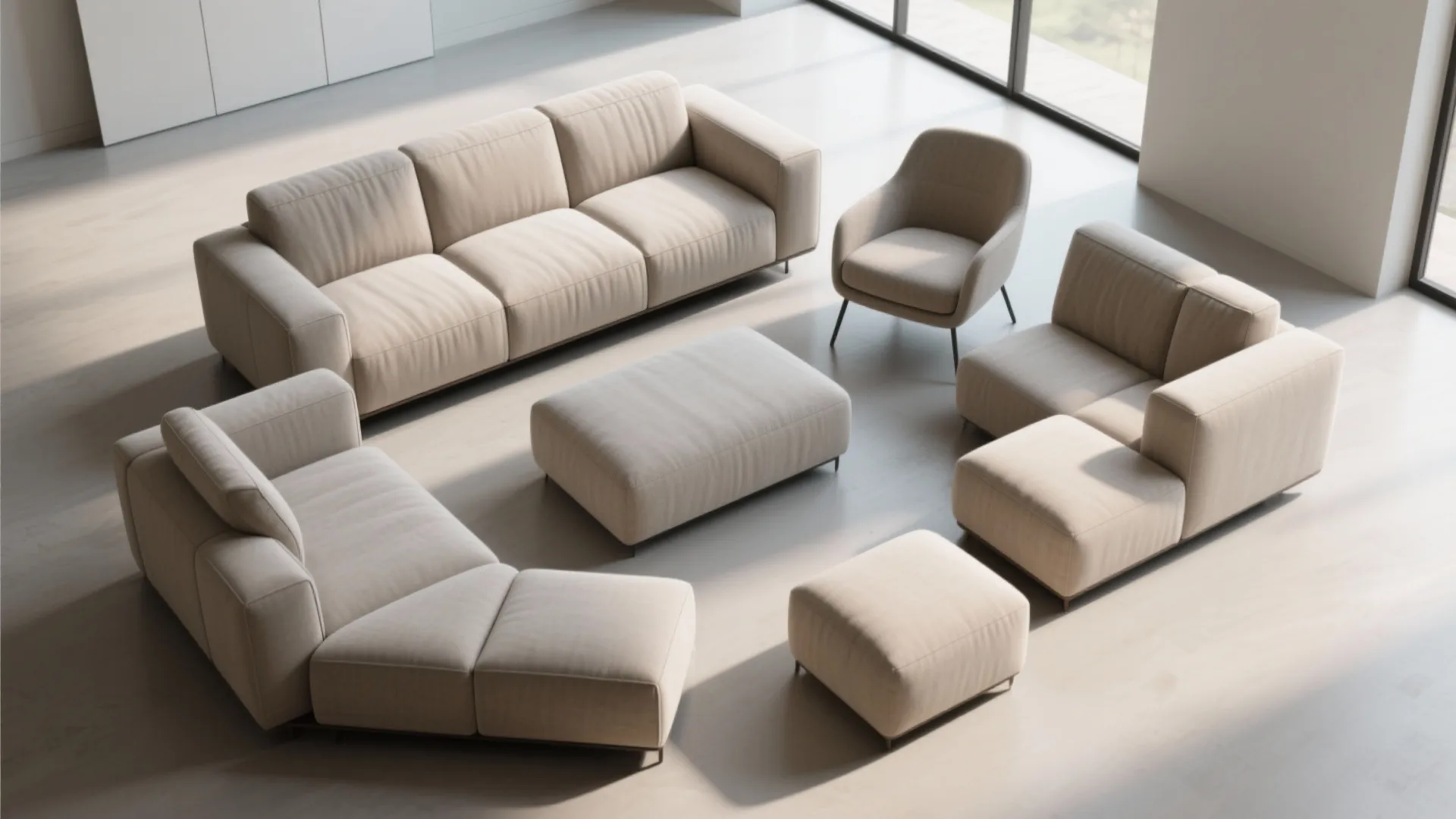 Modern cream modular sofa set with footrest and armchairs on a light wood floor interior