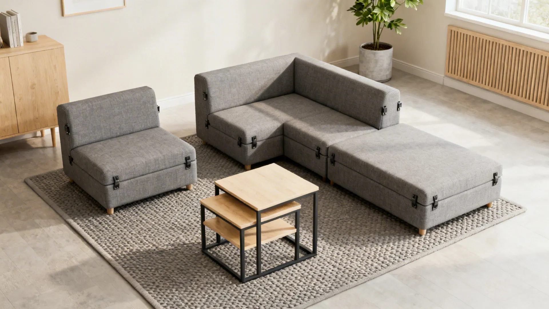Compact modular loveseat trio forming a small U-shape on a gripper rug in a bright small living room.