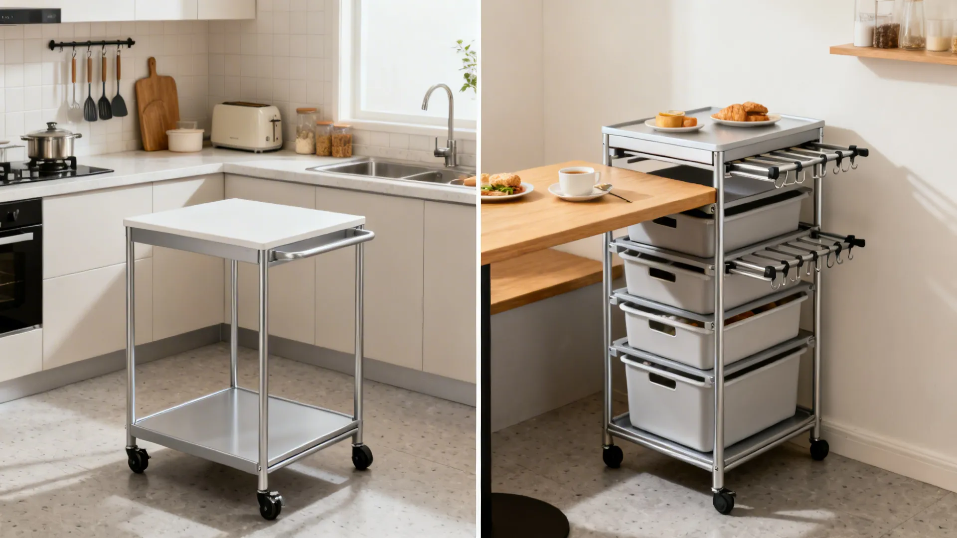 Before-and-after view of a modular trolley expanding into a breakfast ledge with stackable elements.
