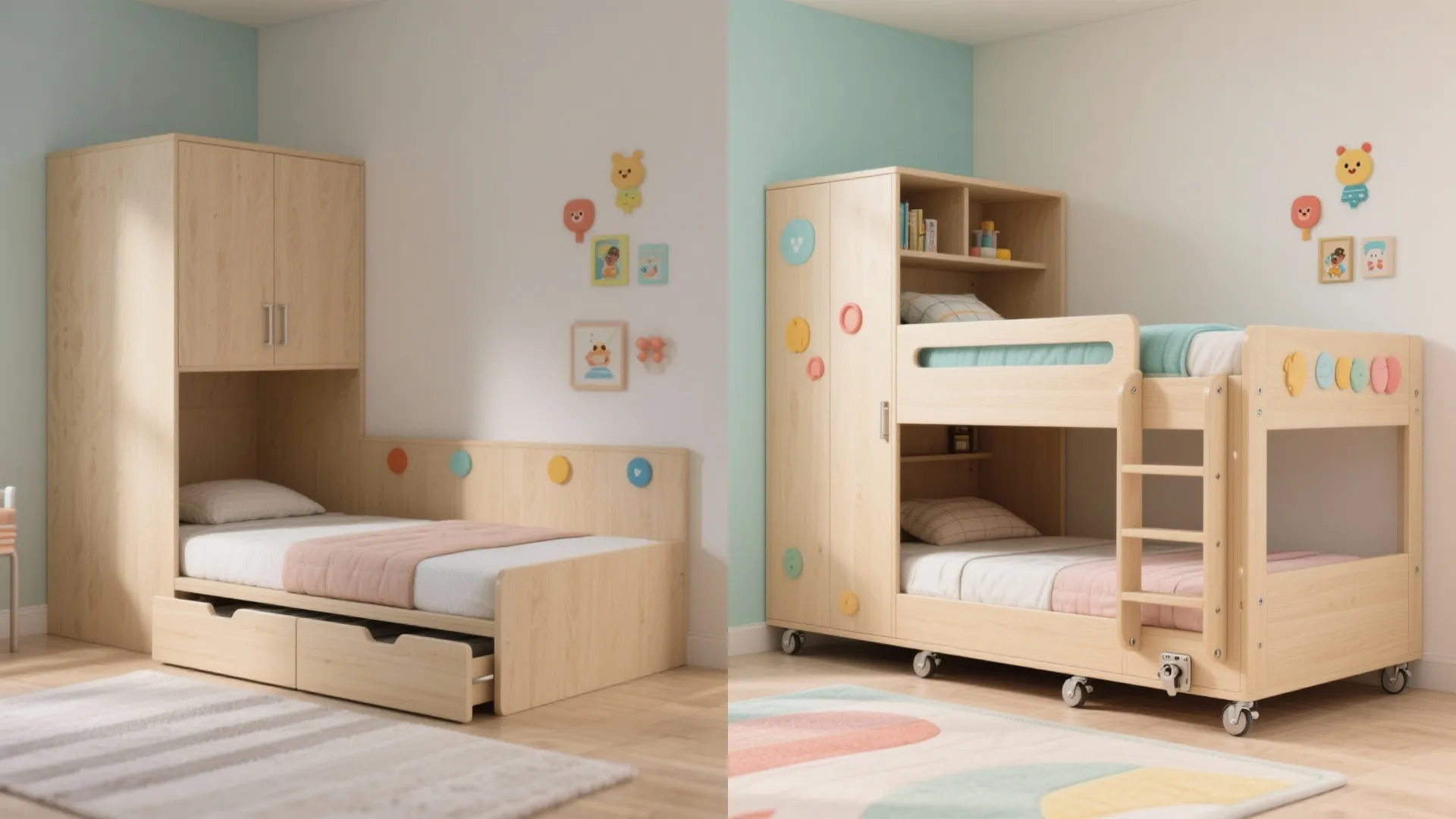 Light wood kids bed with pink blanket and a built-in cabinet for small bedroom storage