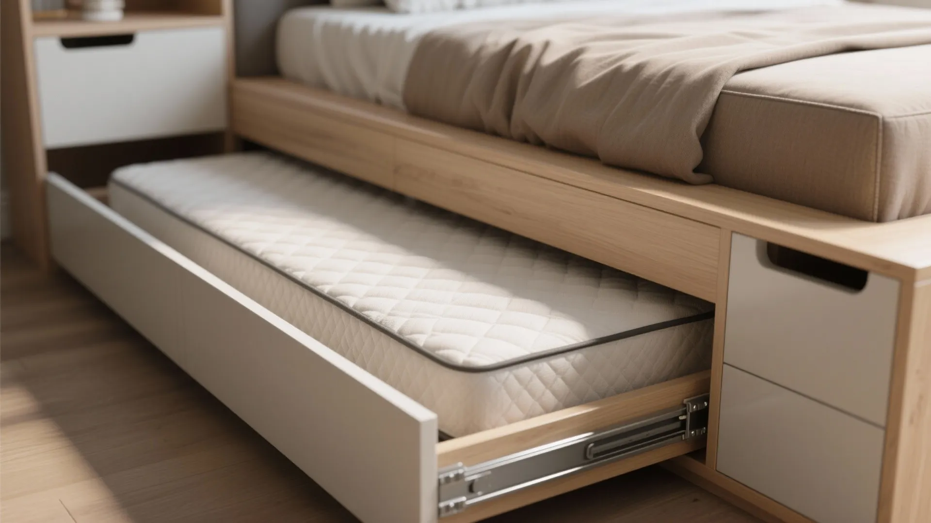 Wooden bed frame with a pull out spare mattress underneath showing space saving guest bed solution