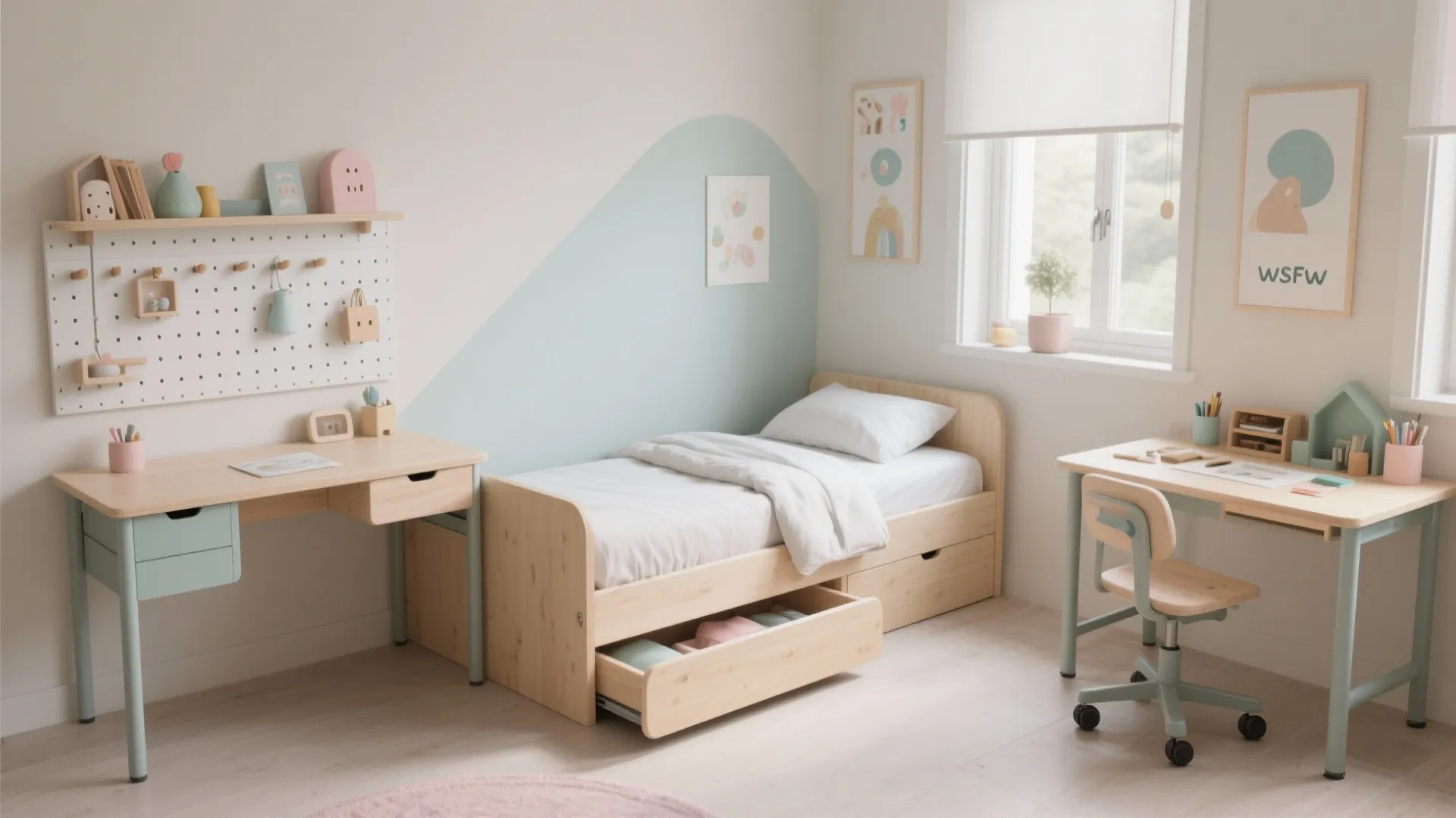 Modular pieces: trundles, foldaway desks, and rolling play tables