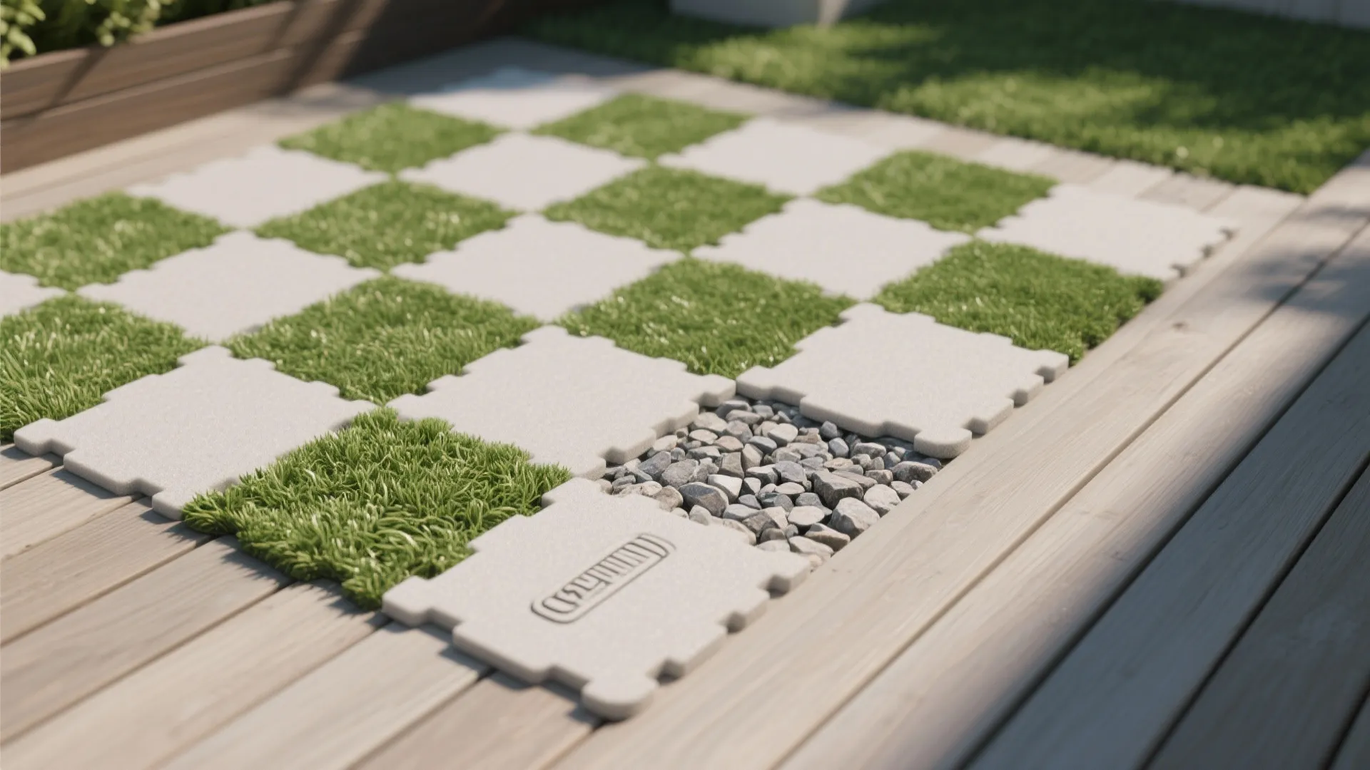 Interlocking white floor tiles and green grass tiles arranged in a pattern on a patio