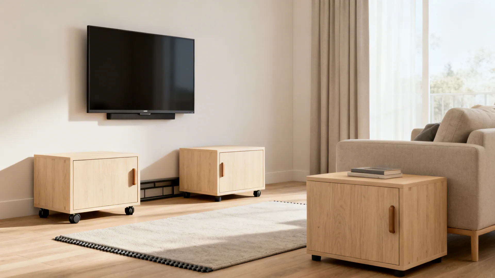 Flexible small living room with modular low storage blocks on hidden casters under a wall-mounted TV.