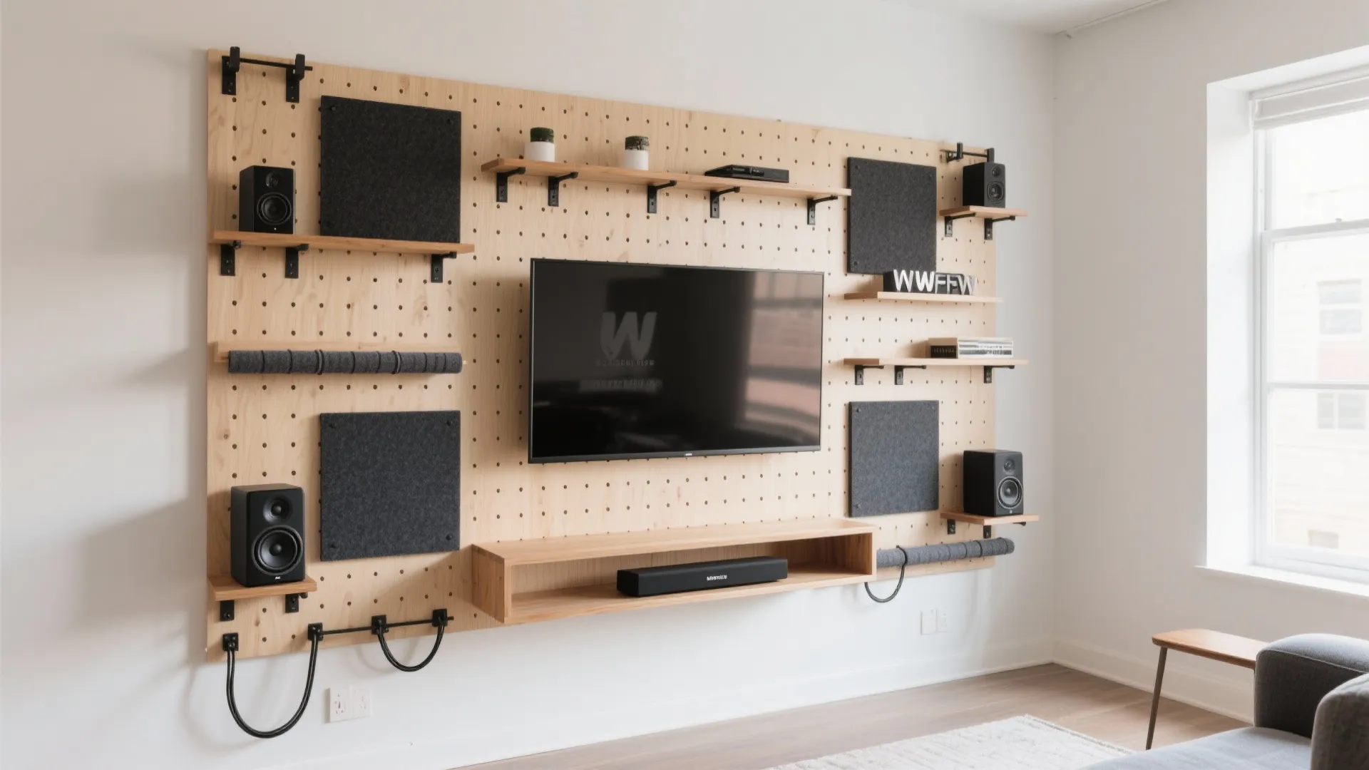 5) Modular grid system: pegboard panels, rail shelves, and movable sound