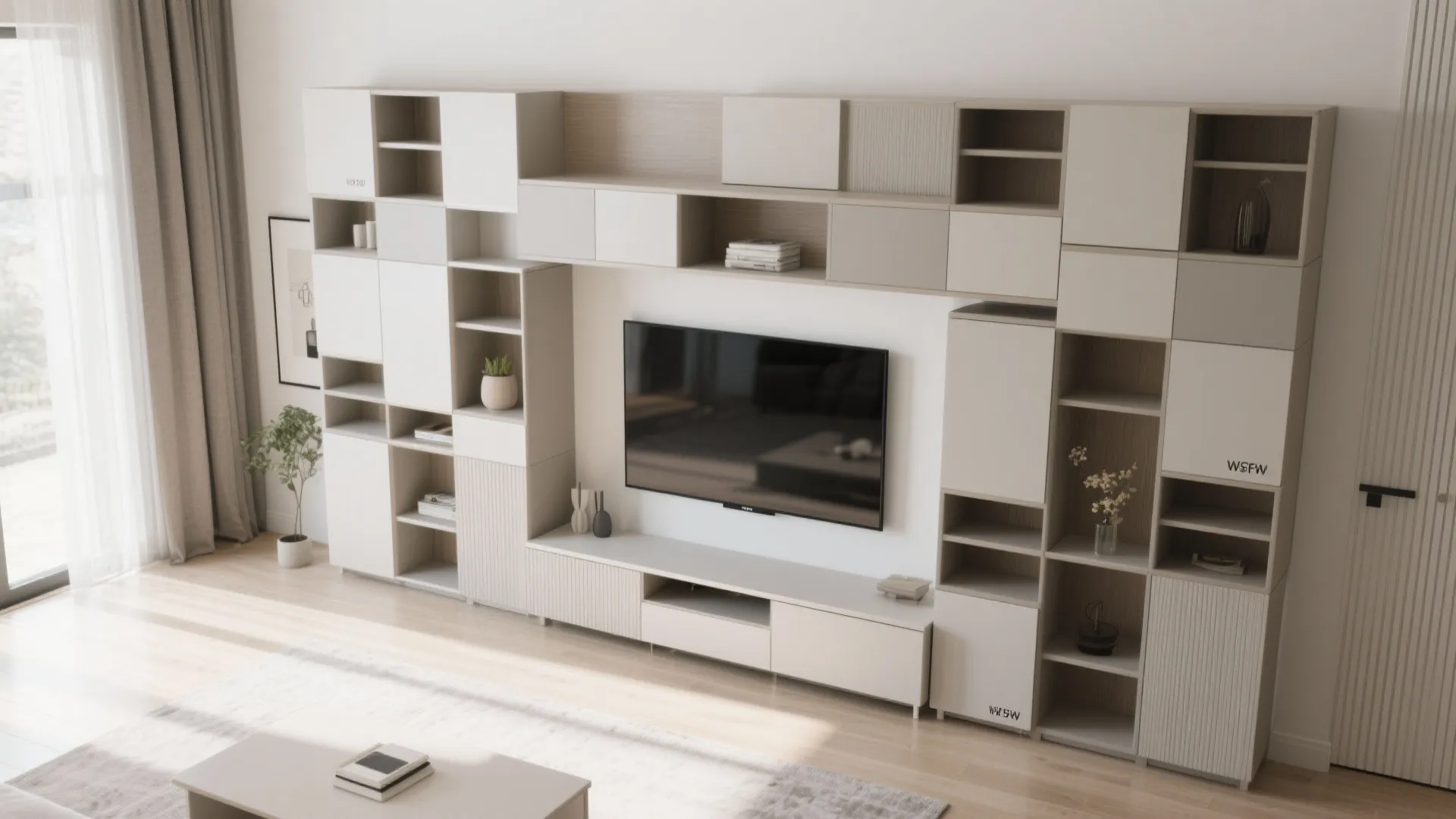 Large cream modular wall cabinet system surrounding a television in a bright modern living room