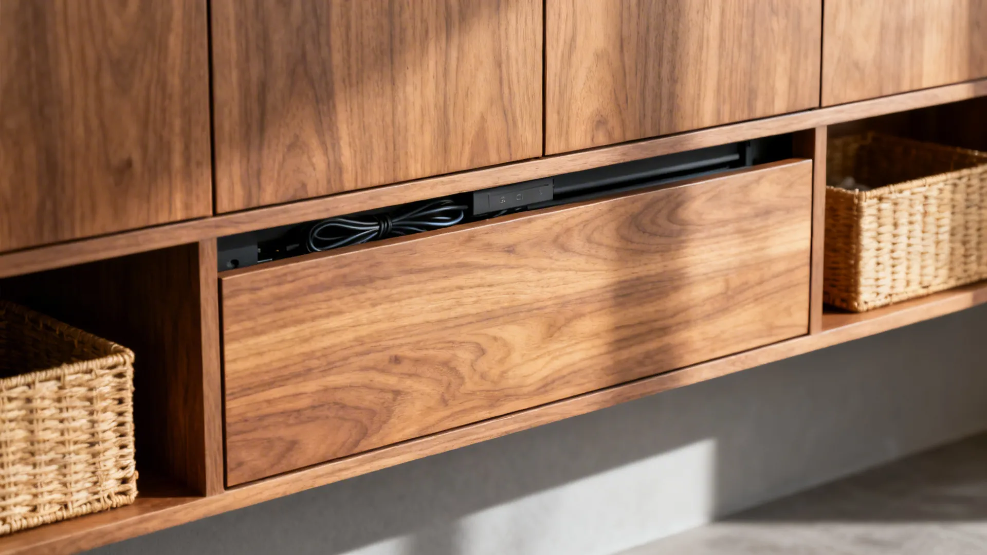 Macro of wall-mounted wood TV unit with hidden wiring and baskets in open niches