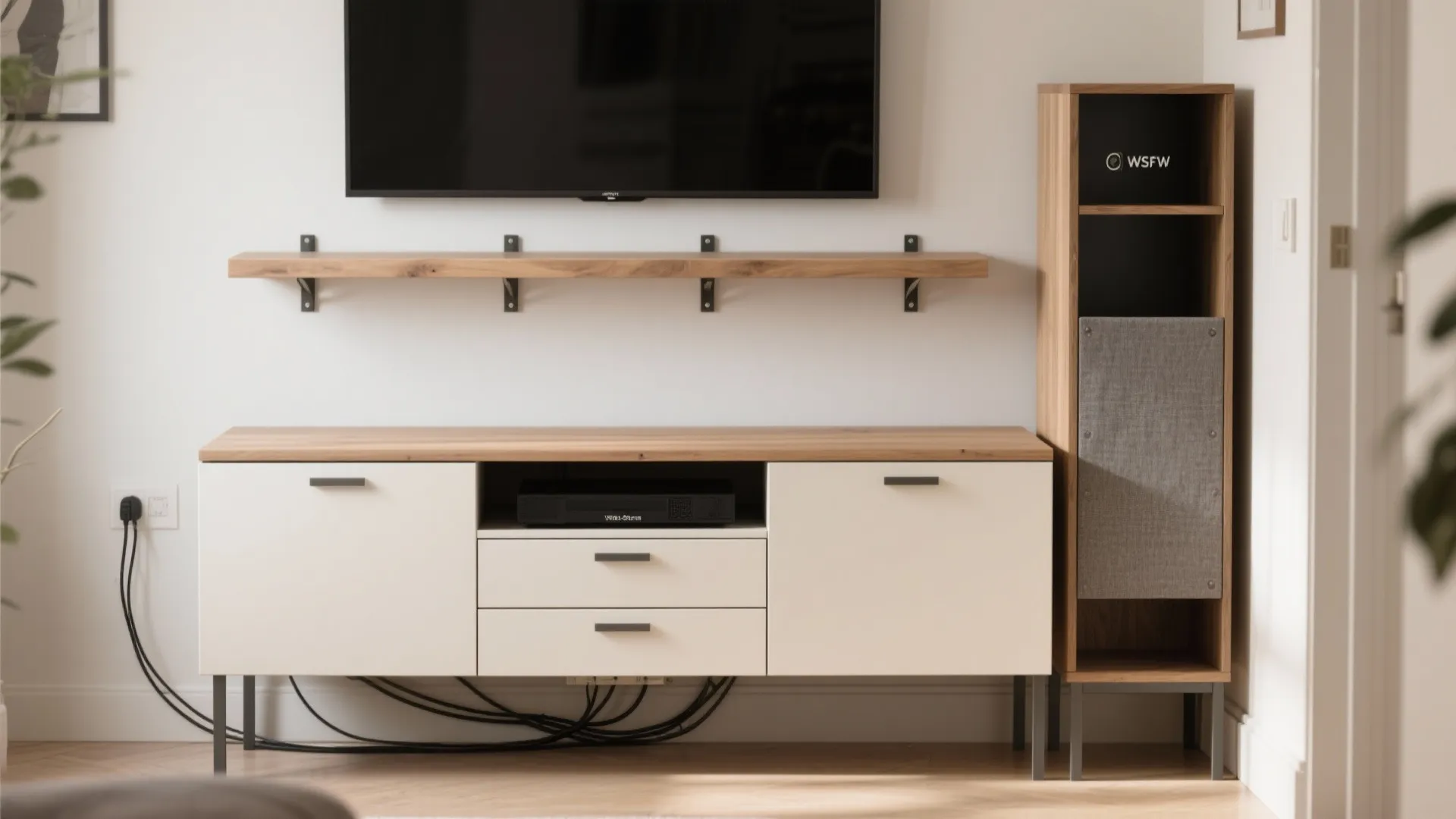 White and wood cabinet with a small wall shelf below a large flat screen television set