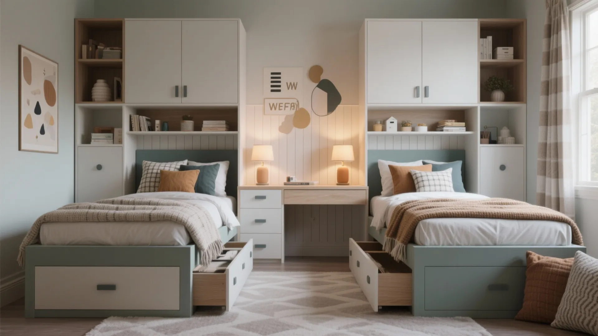 Symmetrical kids bedroom with two single beds built in cabinets desk lamps and storage under beds