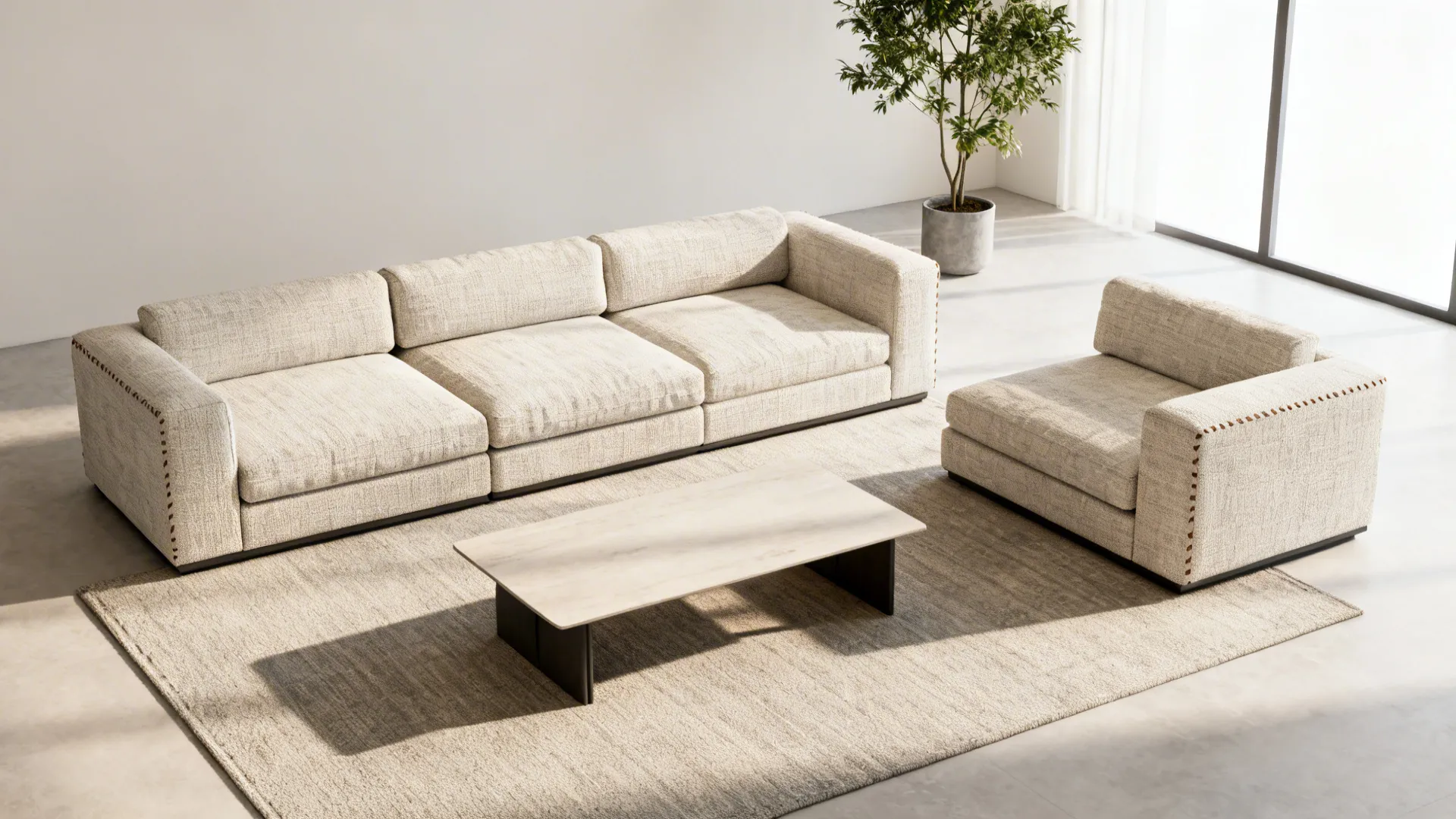 Modular two-piece sofa configured as chaise and seat in a compact neutral living room