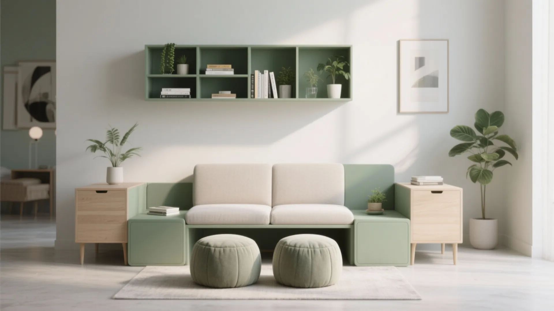 3. Modular Two-Seater + Pouf + Floating Shelf Unit