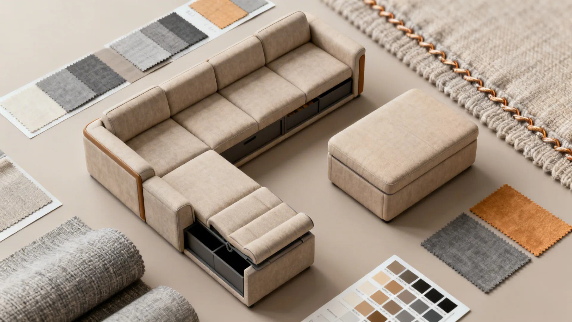 Top-down flatlay of a modular two-seater recliner and storage ottoman with fabric swatches.