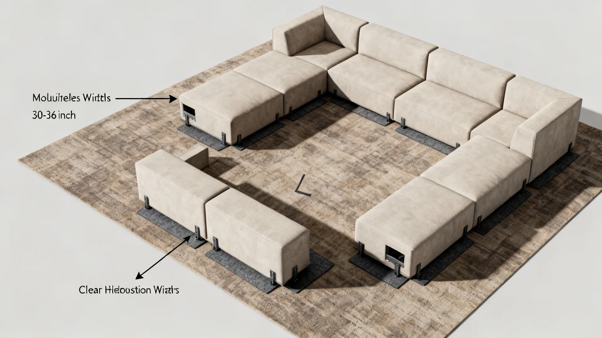 Top-down view of modular armless blocks forming a U-shaped sofa with reconfigurable layout.