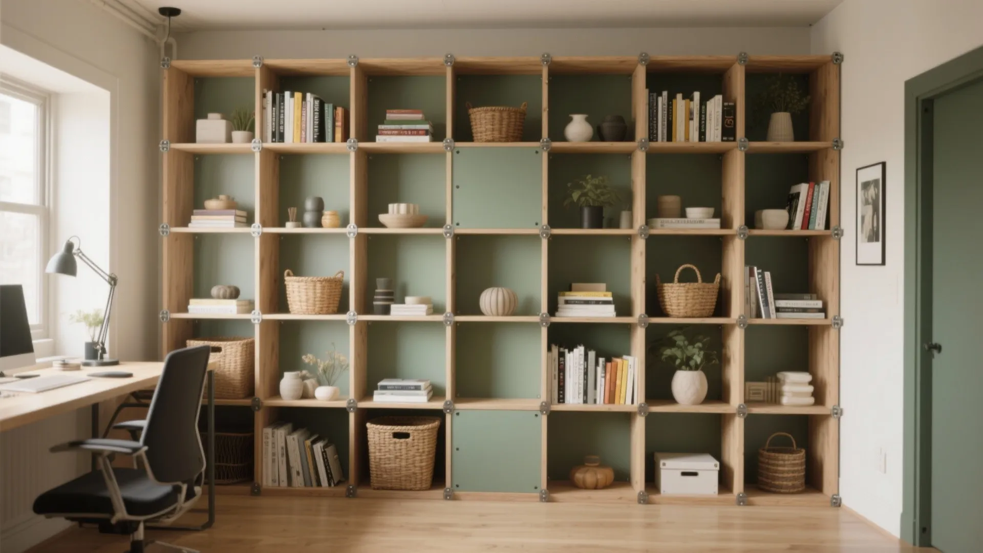 Large wooden grid bookshelf with green backing panels next to an office desk and chair