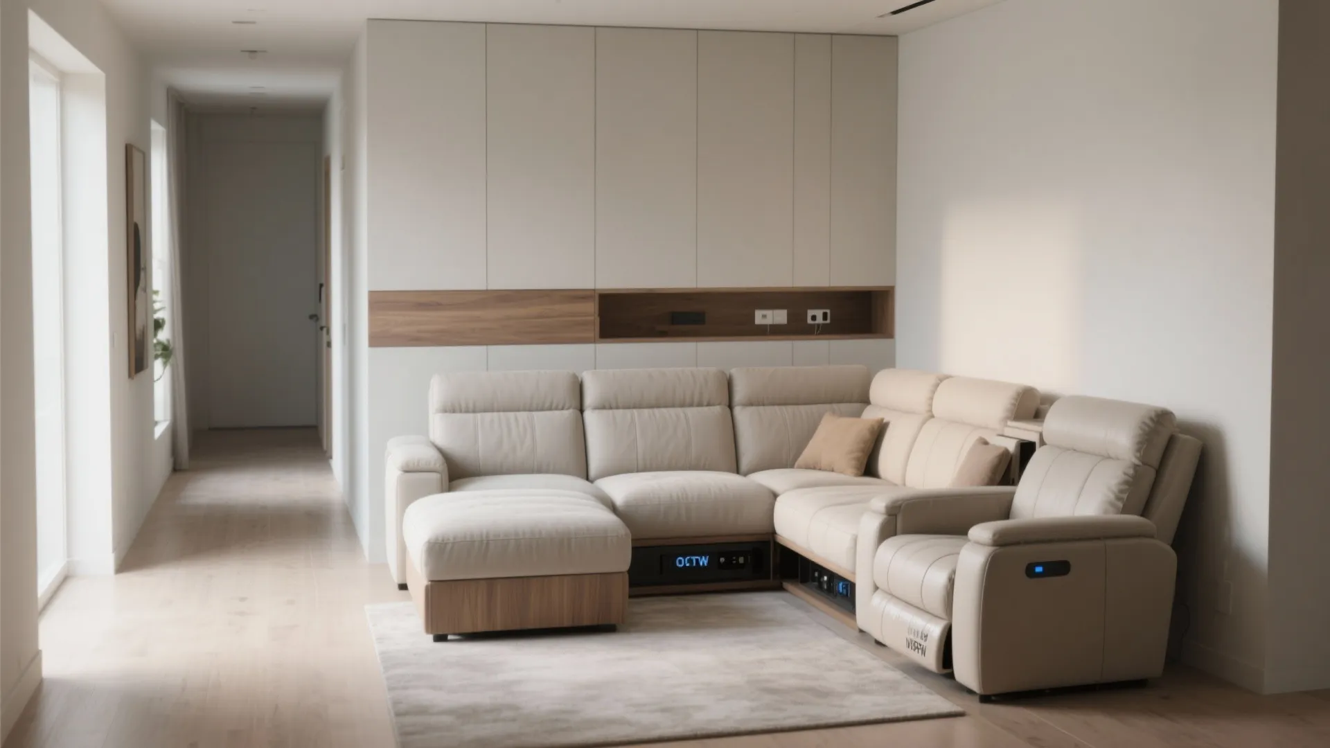 Modern living room featuring a cream sofa against white wall cabinets with wood storage shelf space