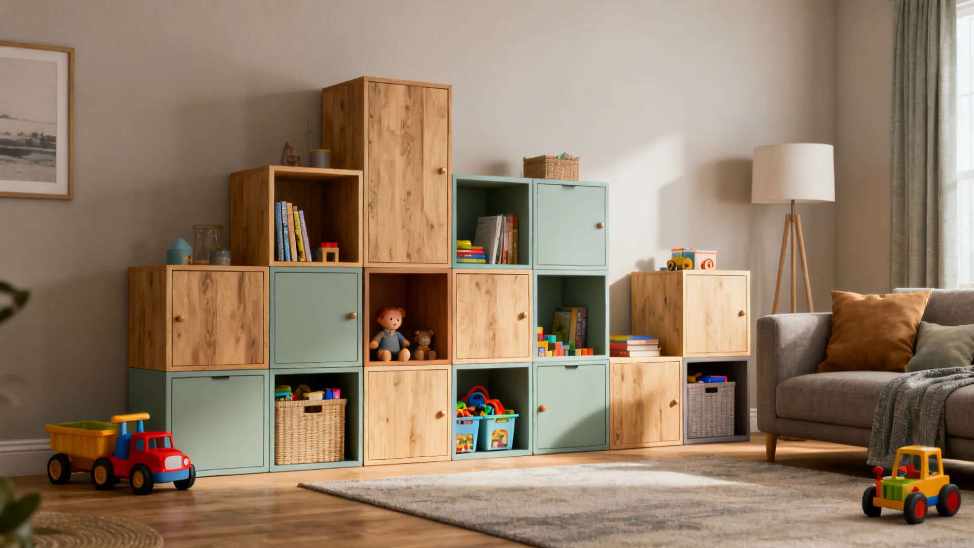 Kids playroom with modular wood and green cube storage units holding toys near grey sofa