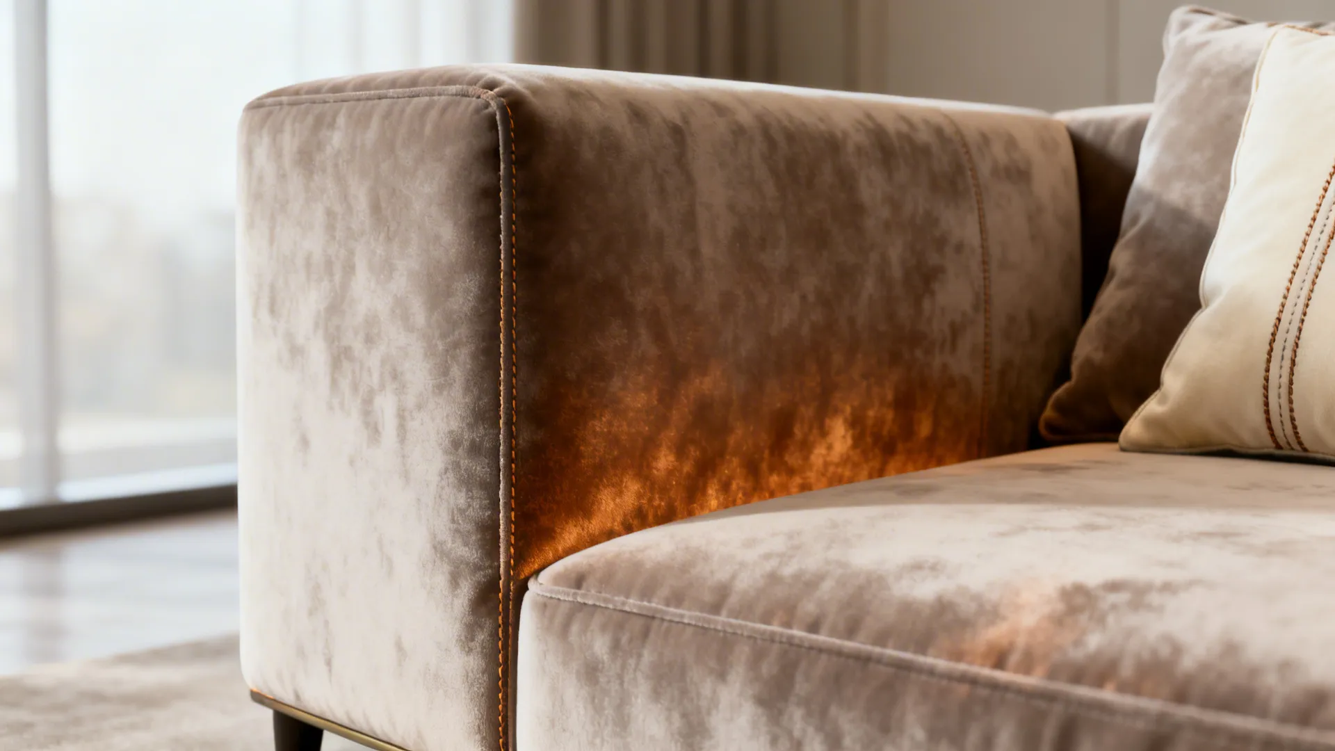 Close-up of a low-back velvet modular sofa showing hidden legs and cushion seams.