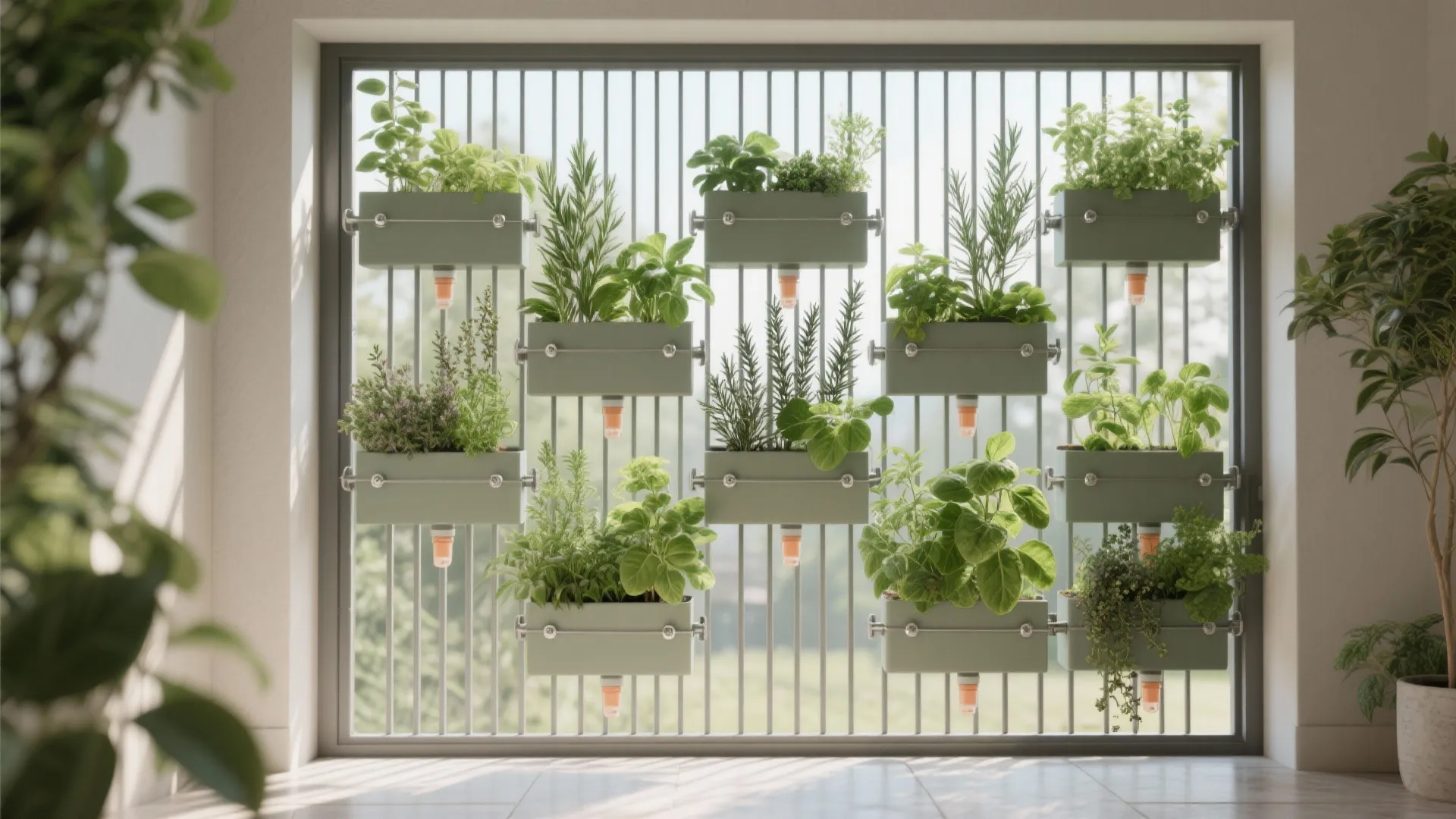 Modular vertical garden panels on the window grill