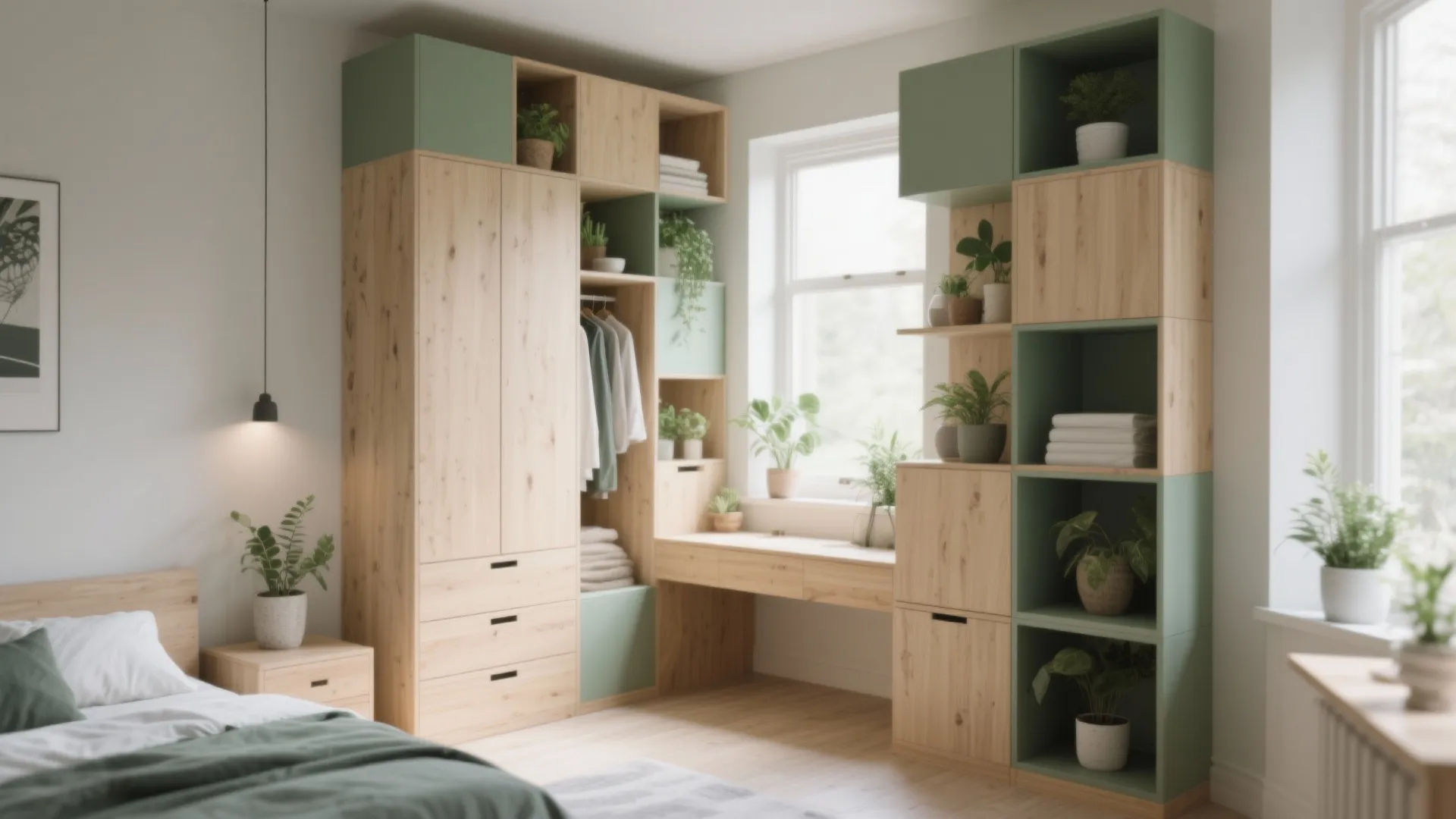 Small bedroom interior showcasing vertical stacking with modular cubes, tall dressers and slim shelving to maximize storage.
