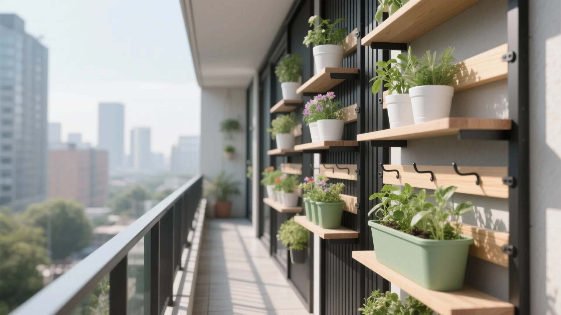 Modular slatted vertical rack wall with clip-on shelves and herbs on a narrow balcony.