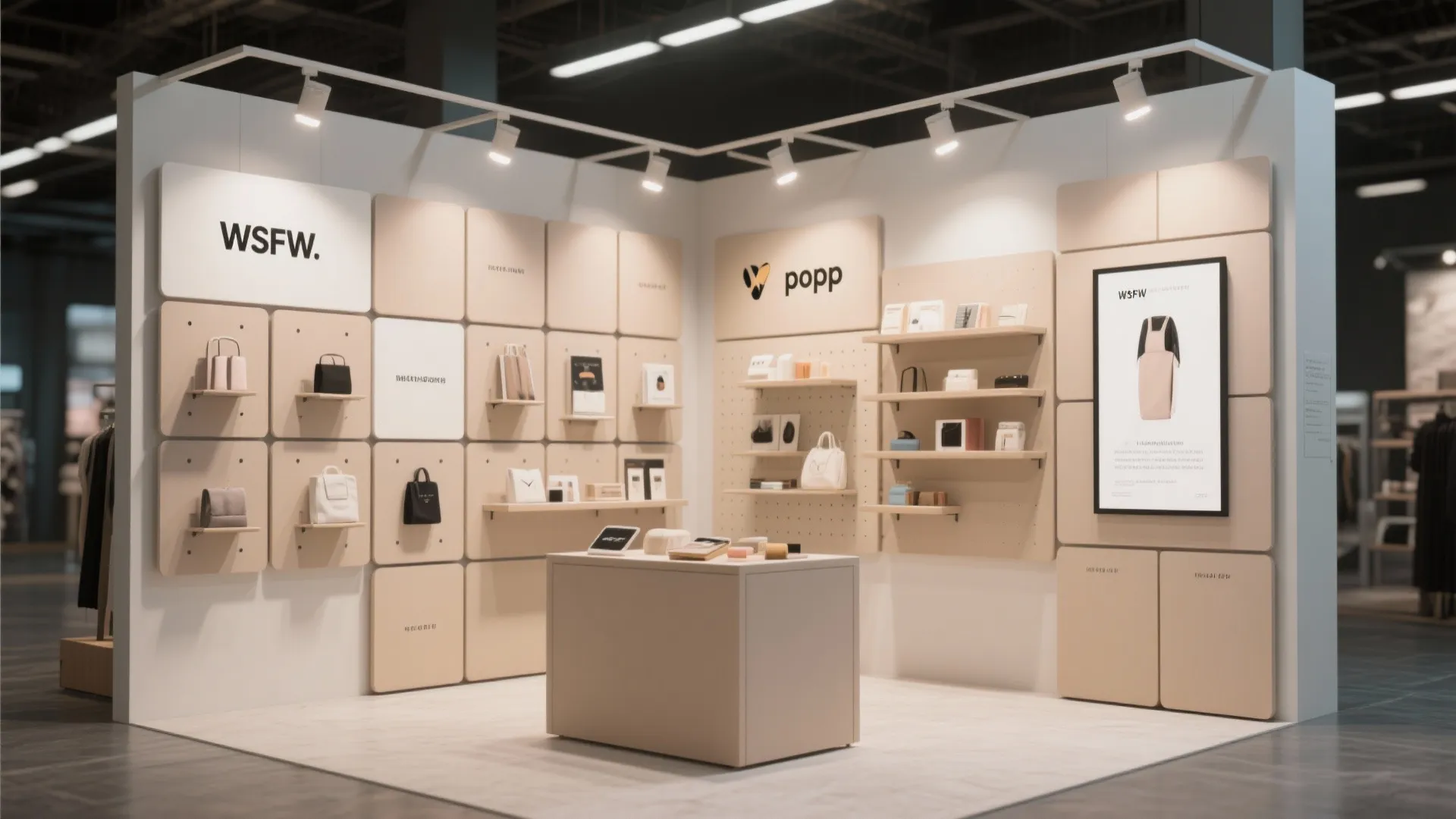 Modern booth showroom featuring modular wall panels and shelves displaying bags under bright white spotlights