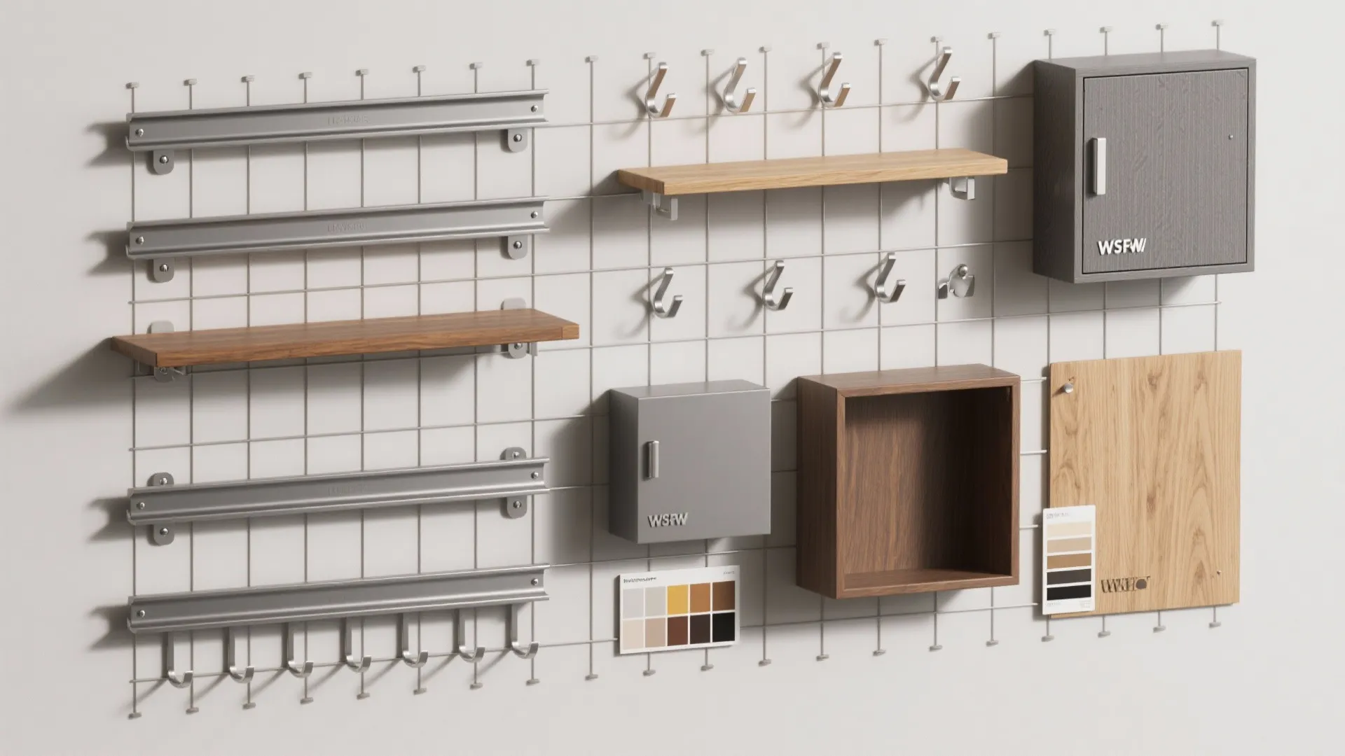 Top-down flatlay of modular wall grid components, shelves, hooks and finish swatches.