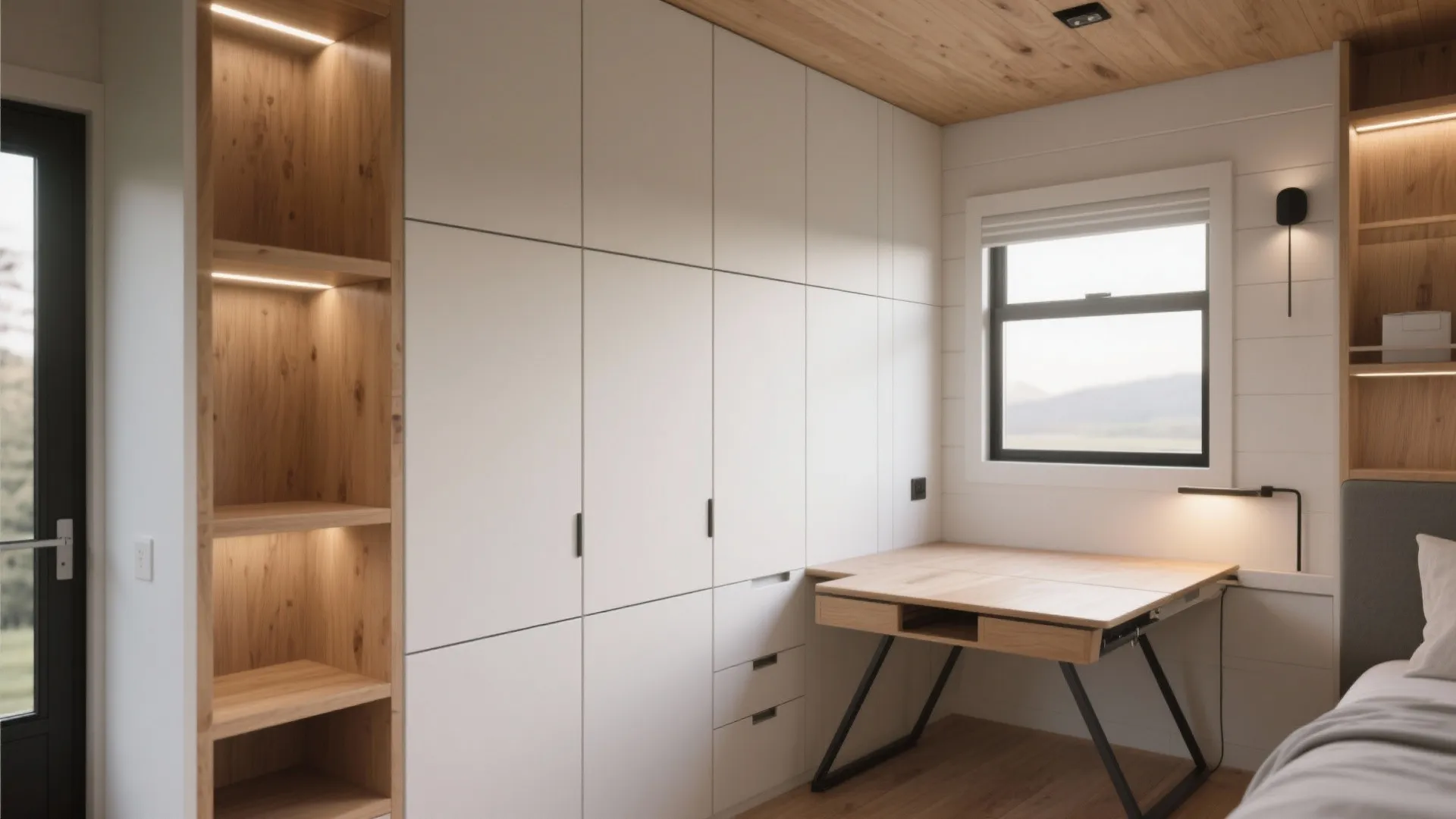 Modern bedroom with built-in white cabinets wood desk small window wall lights and wooden ceiling