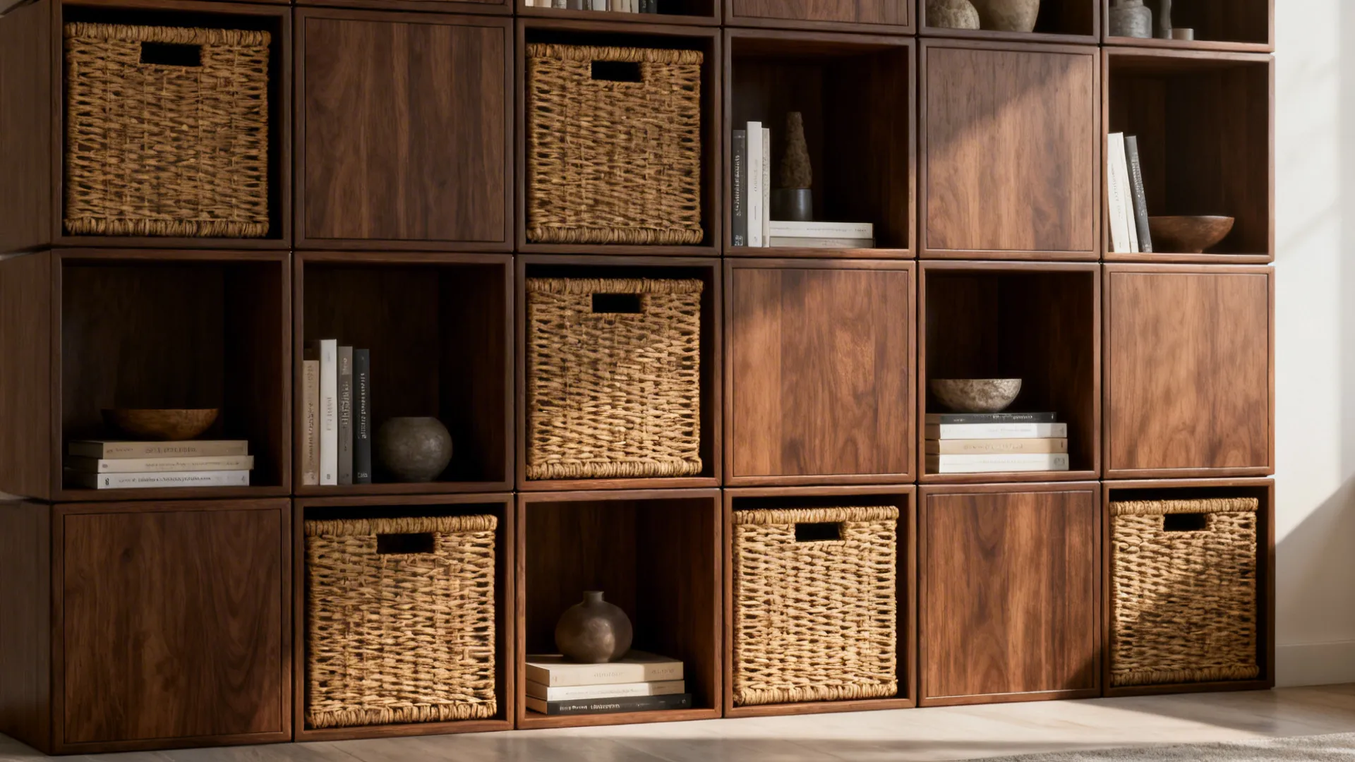 Modular dark wood cube shelving unit with woven baskets books and decorative bowls in sunlight